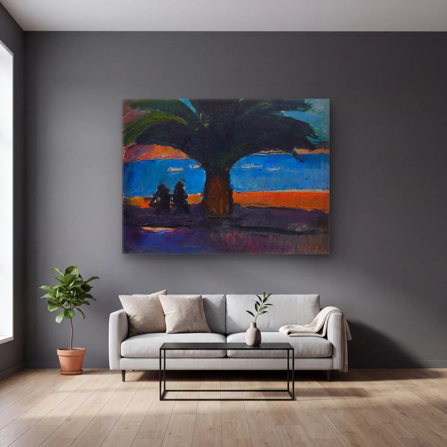 Jens Adolf Jerichau – The thick palm. View from Villefranche cam tablo — gri duvarlı salonda