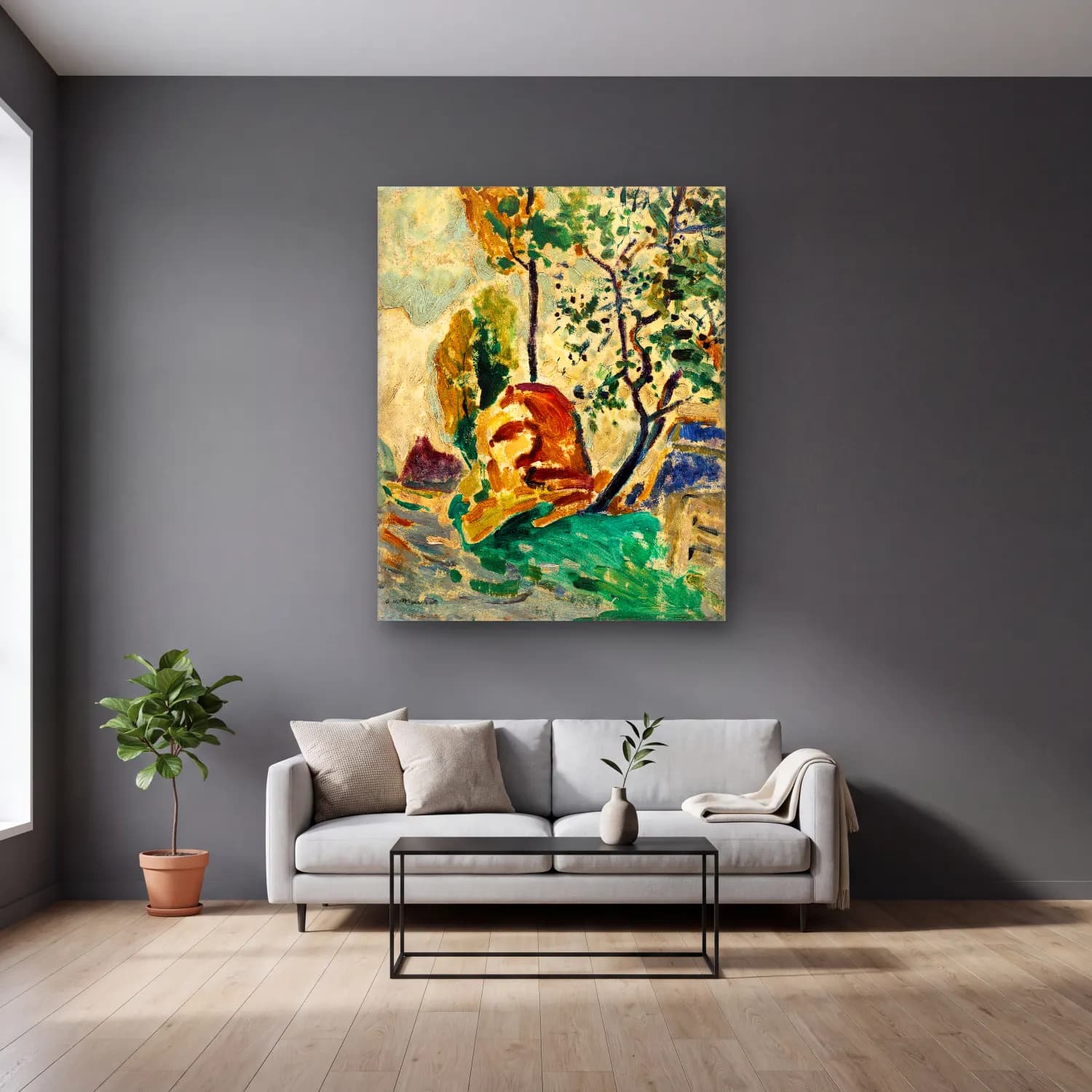 Alfred Henry Maurer – Tree and Rock cam tablo — gri duvarlı salonda