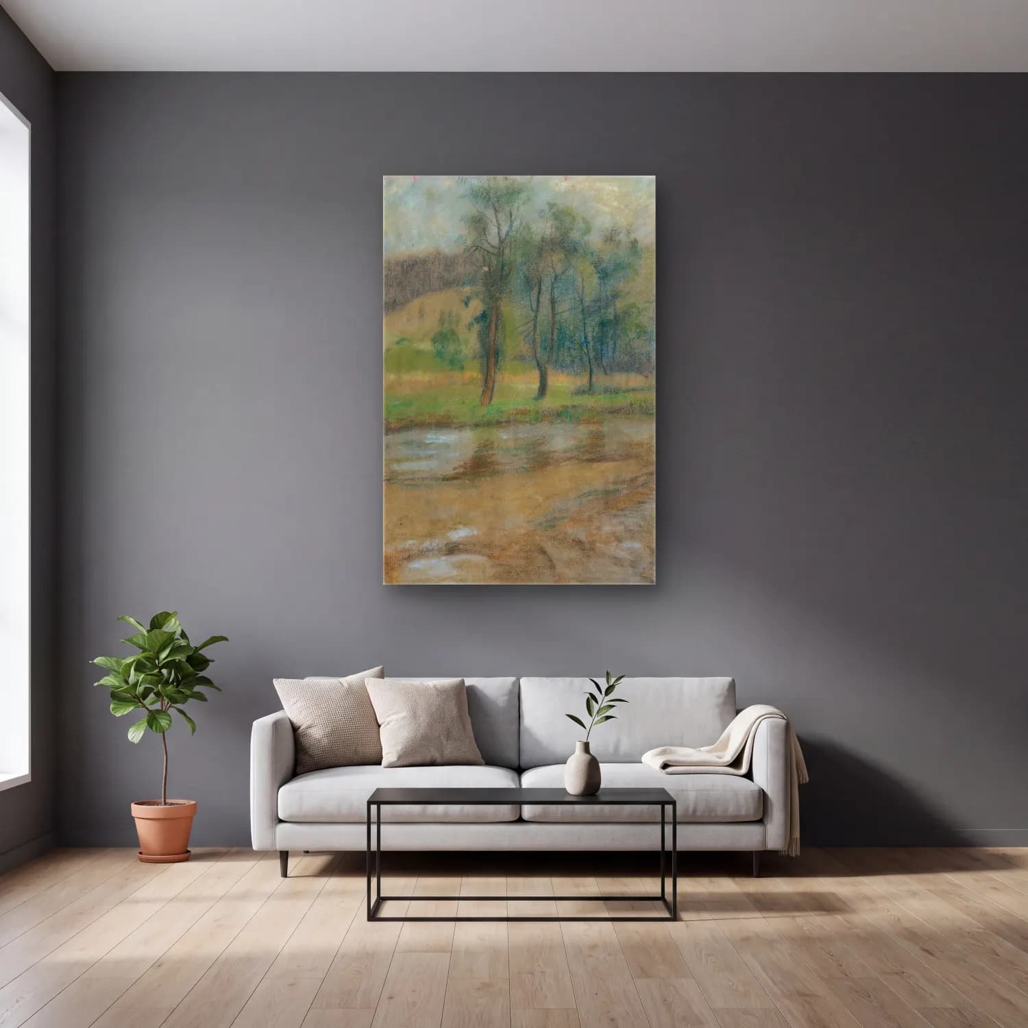 Zolo Palugyay – Trees by the river cam tablo — gri duvarlı salonda