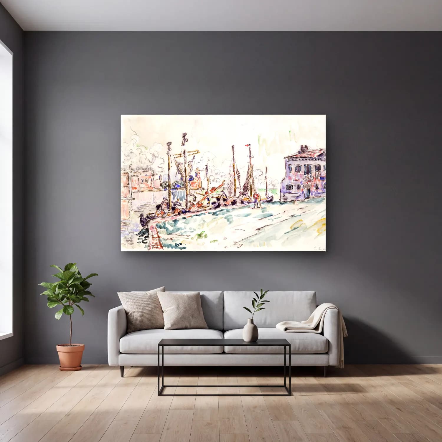 Paul Signac – Venice cam tablo — gri duvarlı salonda