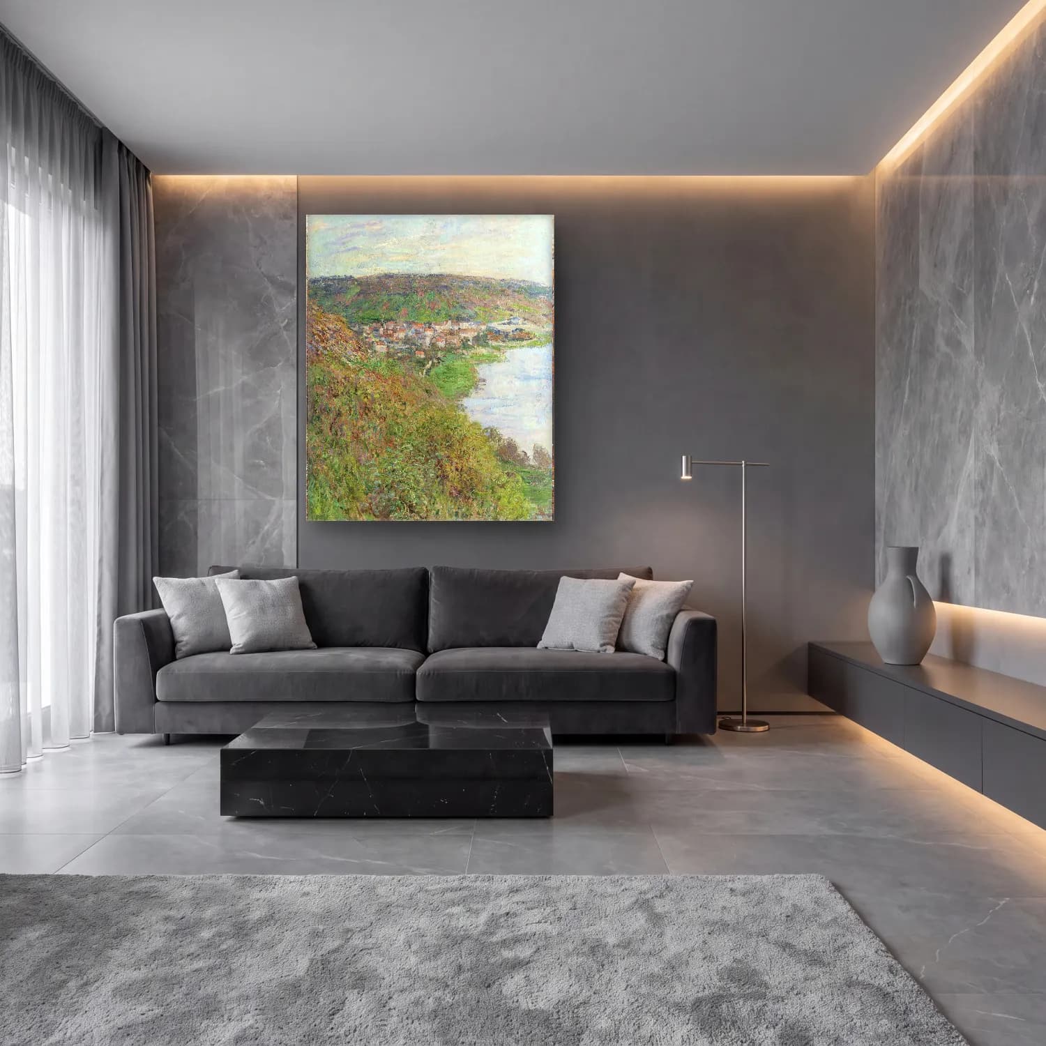 Claude Monet – View of Vétheuil – Yeşil Tonlar cam tablo — lüks salon duvarında