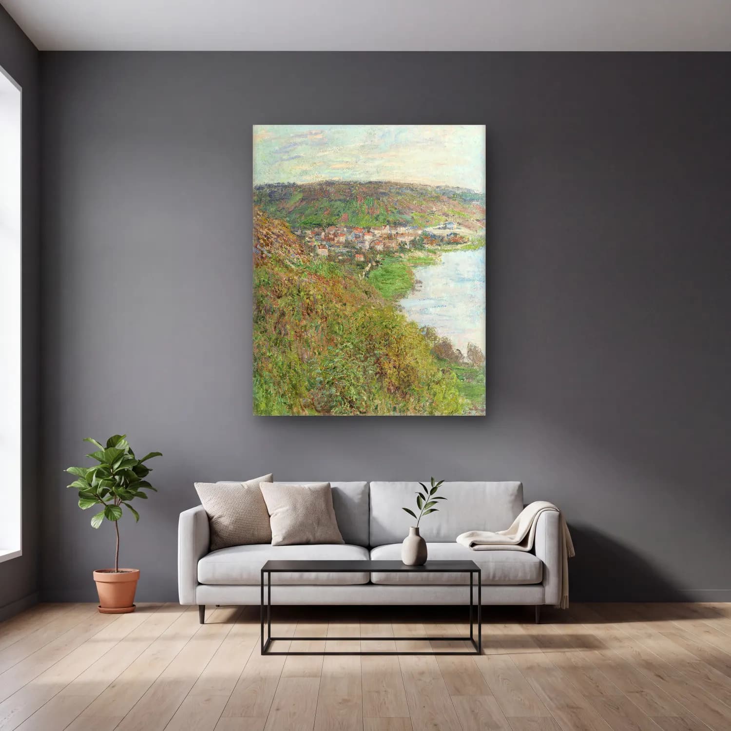 Claude Monet – View of Vétheuil – Yeşil Tonlar cam tablo — gri duvarlı salonda