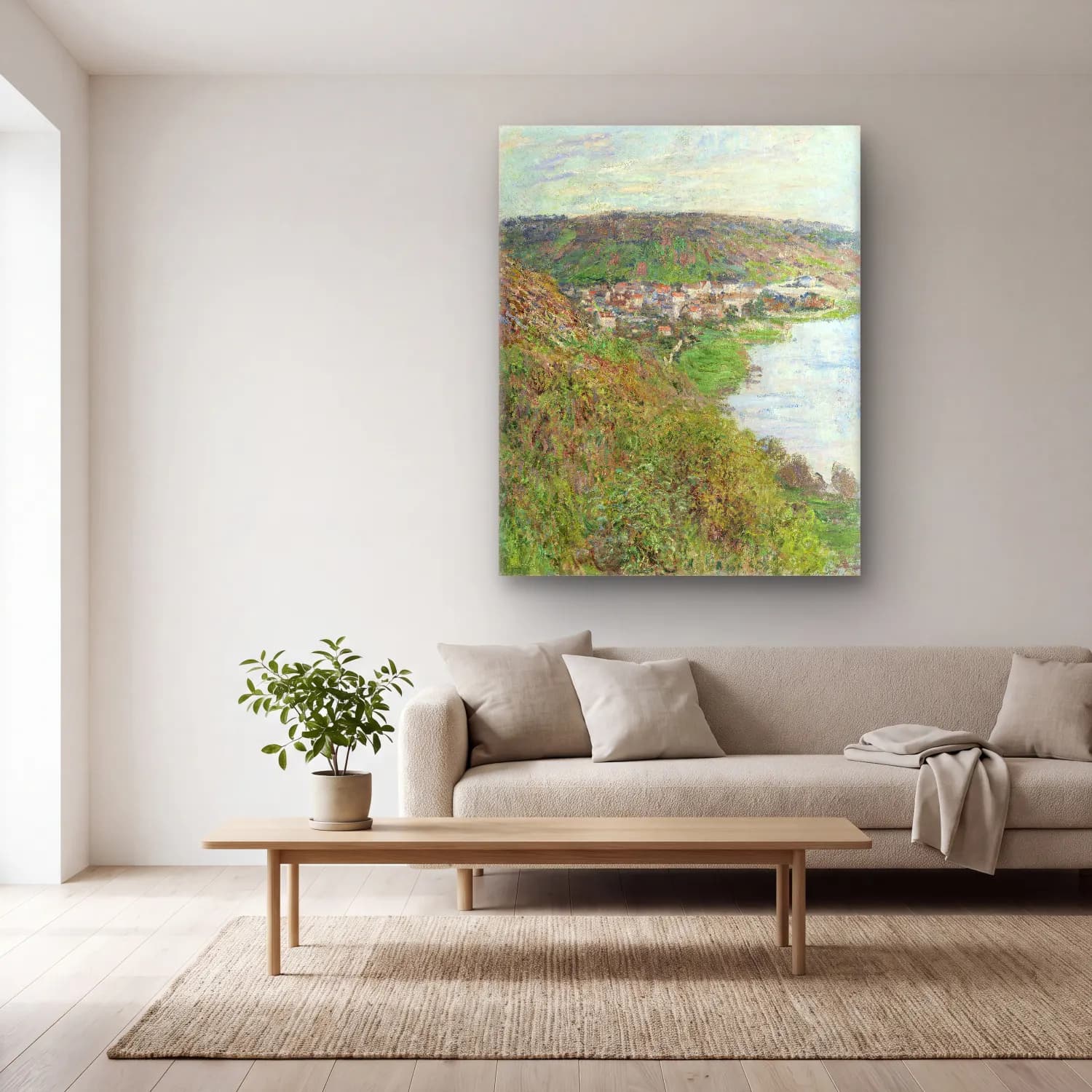 Claude Monet – View of Vétheuil – Yeşil Tonlar cam tablo — açık renk salonda