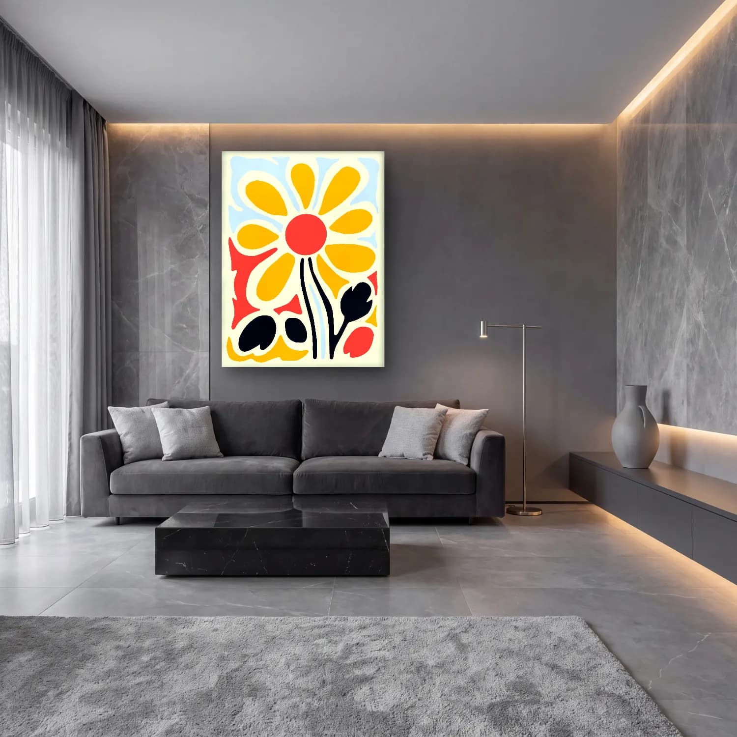 Boho Çiçek Deseni No. 64 cam tablo — lüks salon duvarında