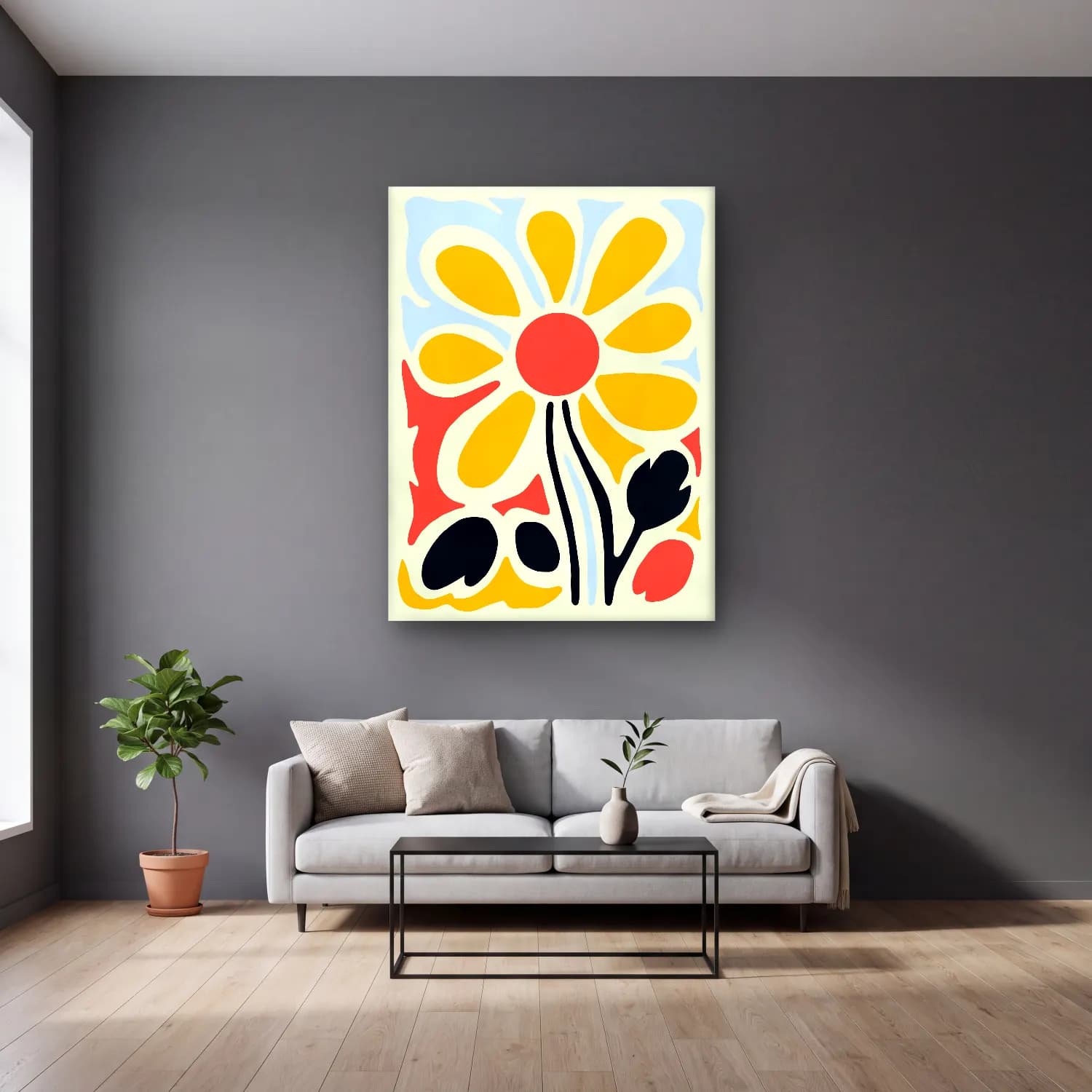 Boho Çiçek Deseni No. 64 cam tablo — gri duvarlı salonda