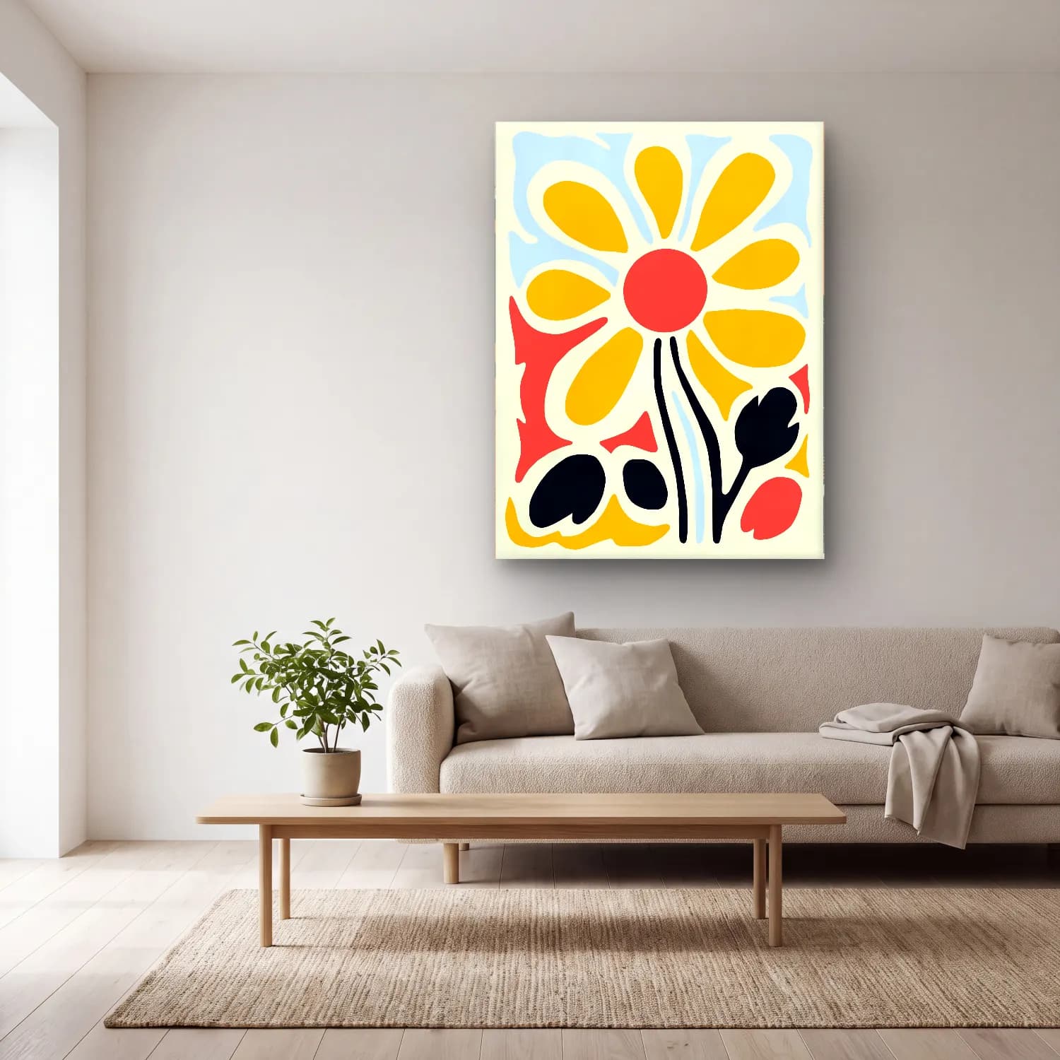 Boho Çiçek Deseni No. 64 cam tablo — açık renk salonda