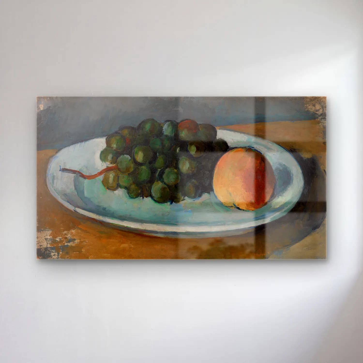 Paul Cézanne – Grapes and Peach on a Plate (Grappe de raisin et pêche sur… cam tablo — Paul Cézanne – Grapes and Peach on a Plate (Grappe de raisin et pêche sur… — empresyonist meyveli natürmort