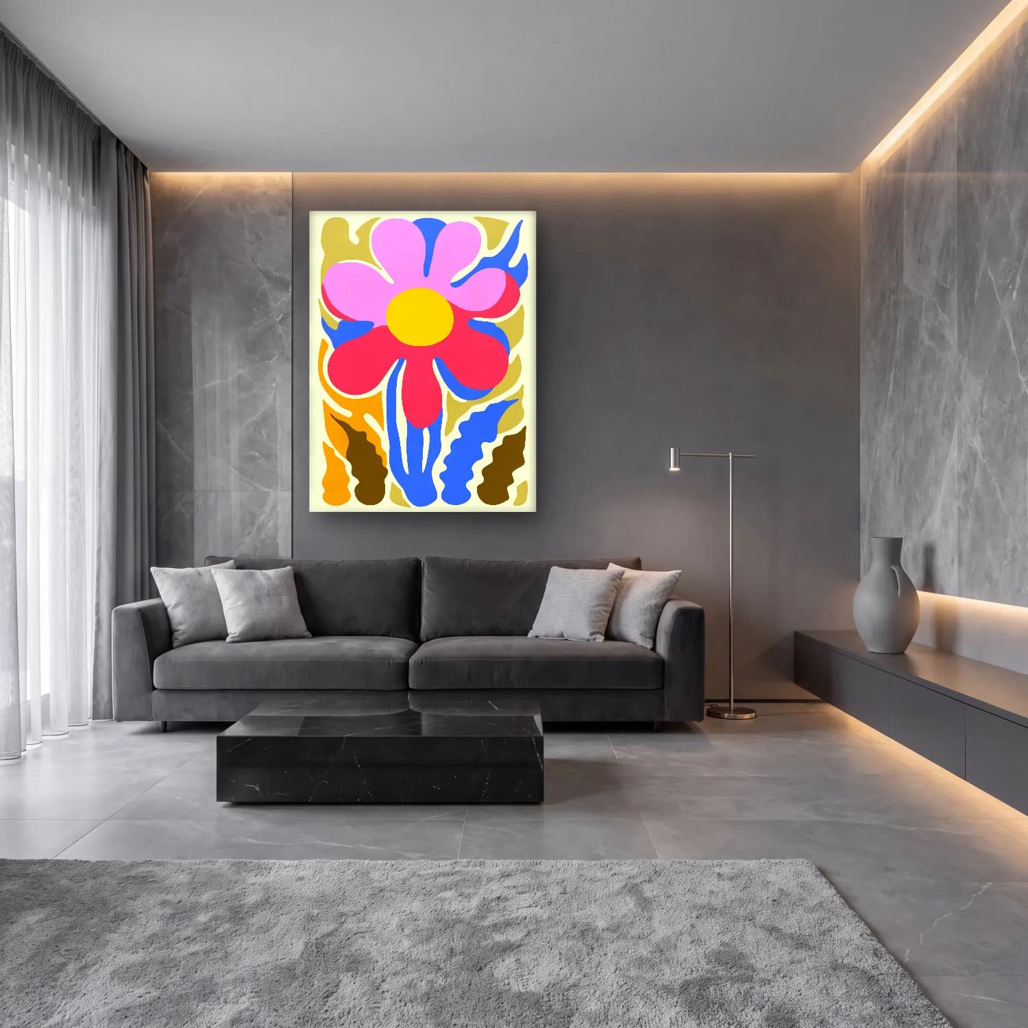 Boho Çiçek Deseni No. 65 cam tablo — lüks salon duvarında