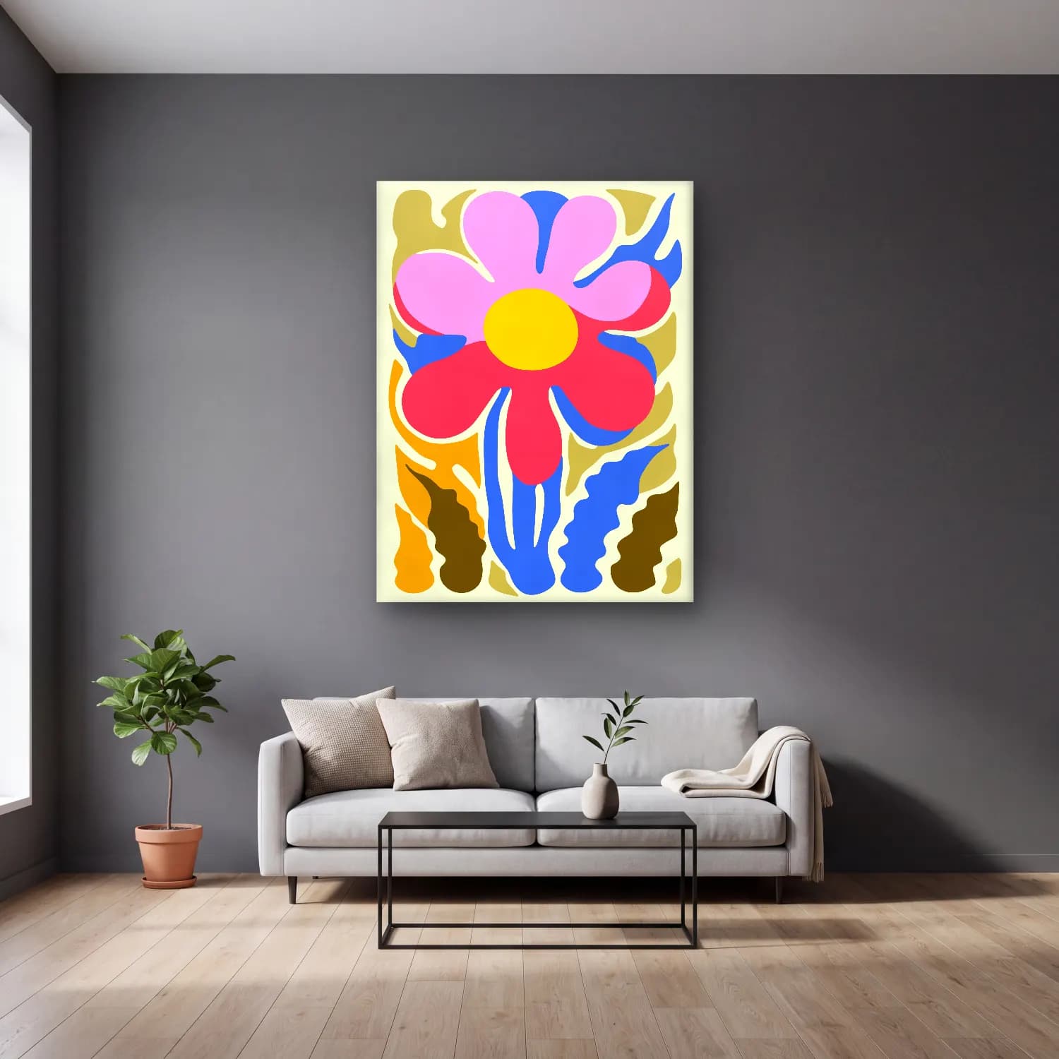 Boho Çiçek Deseni No. 65 cam tablo — gri duvarlı salonda