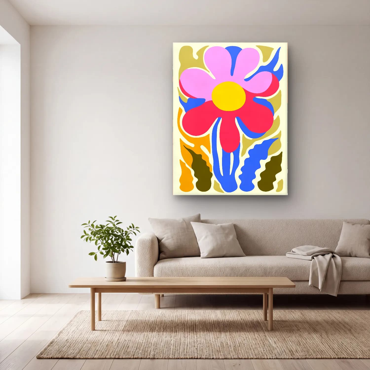 Boho Çiçek Deseni No. 65 cam tablo — açık renk salonda
