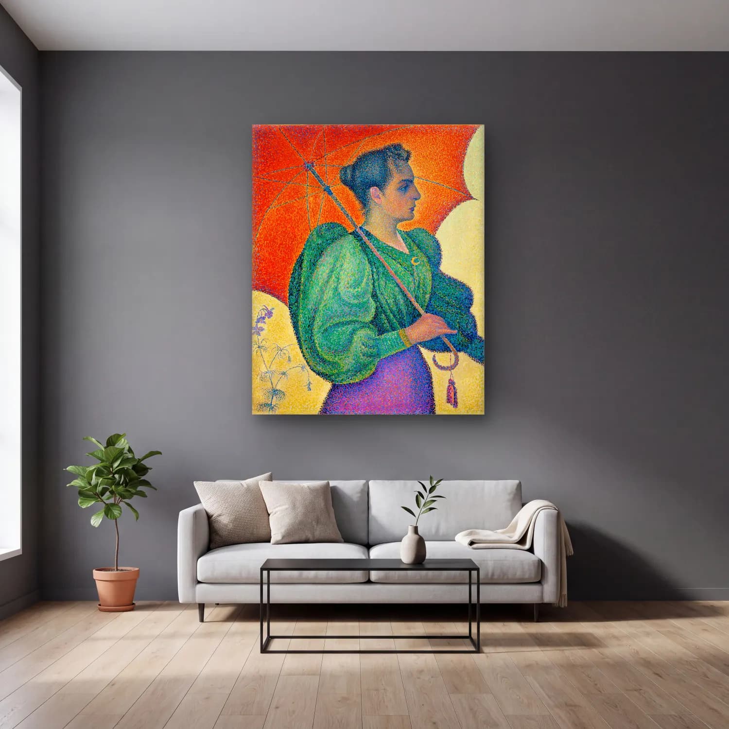 Paul Signac – Femme à l ombrelle cam tablo — gri duvarlı salonda