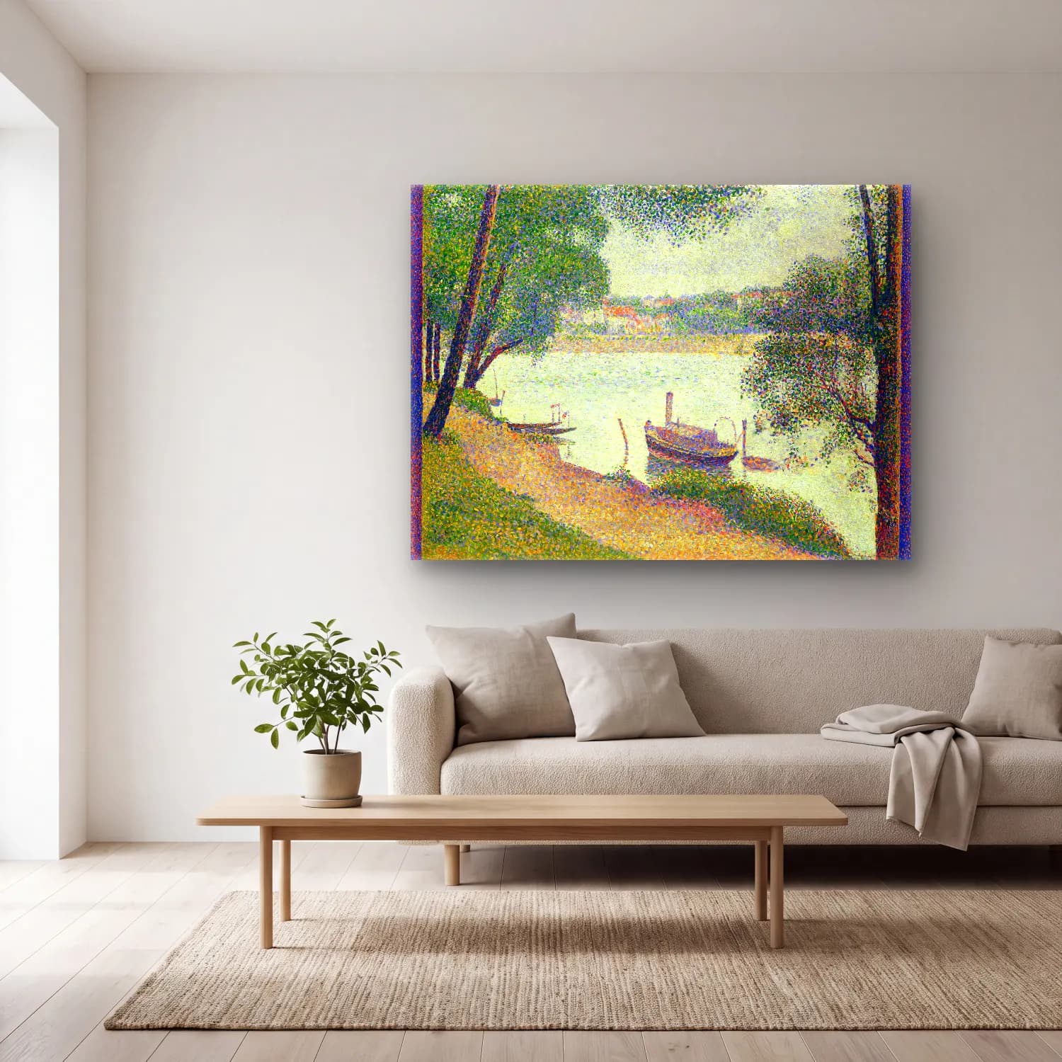 Georges Seurat – Gray Weather (ca. 1886–1888) cam tablo — açık renk salonda