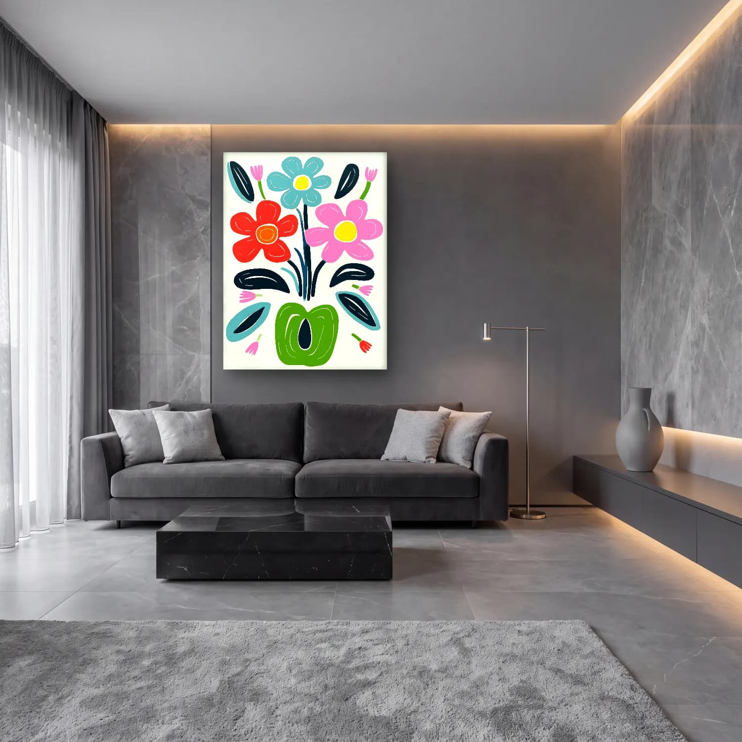 Boho Çiçek Deseni No. 66 cam tablo — lüks salon duvarında