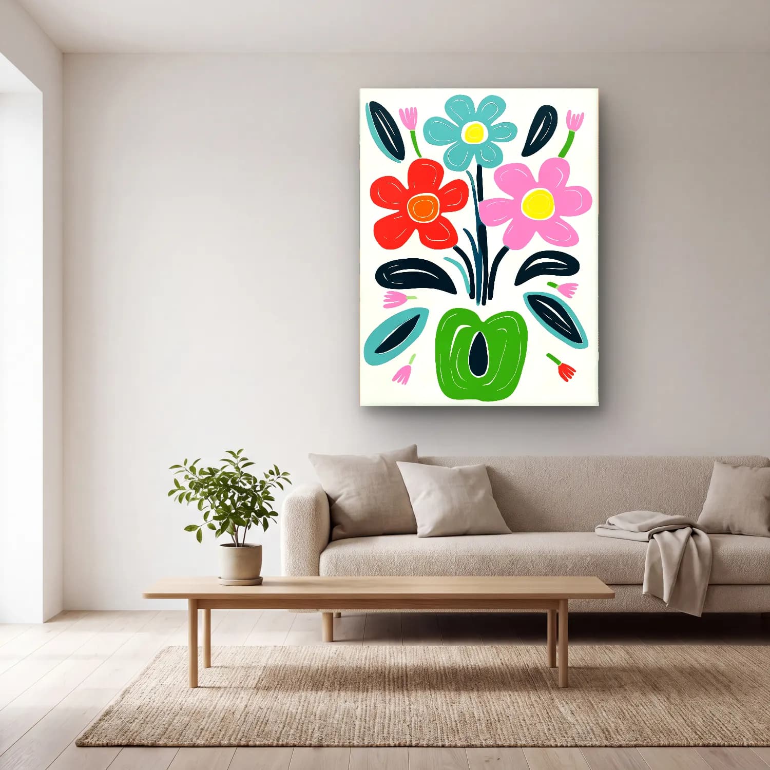 Boho Çiçek Deseni No. 66 cam tablo — açık renk salonda