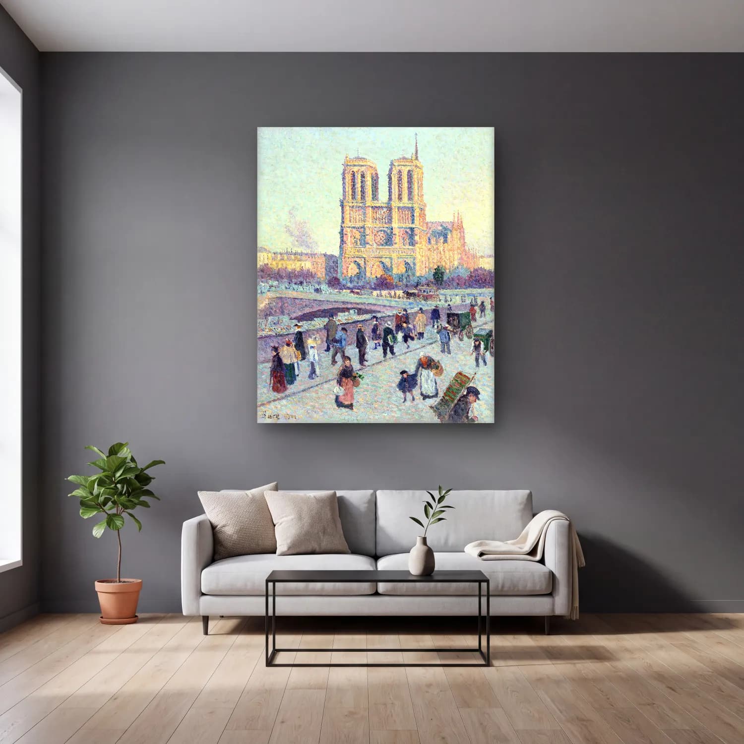 Maximilien Luce – The Quai Saint-Michel and Notre-Dame vintage cam tablo — gri duvarlı salonda