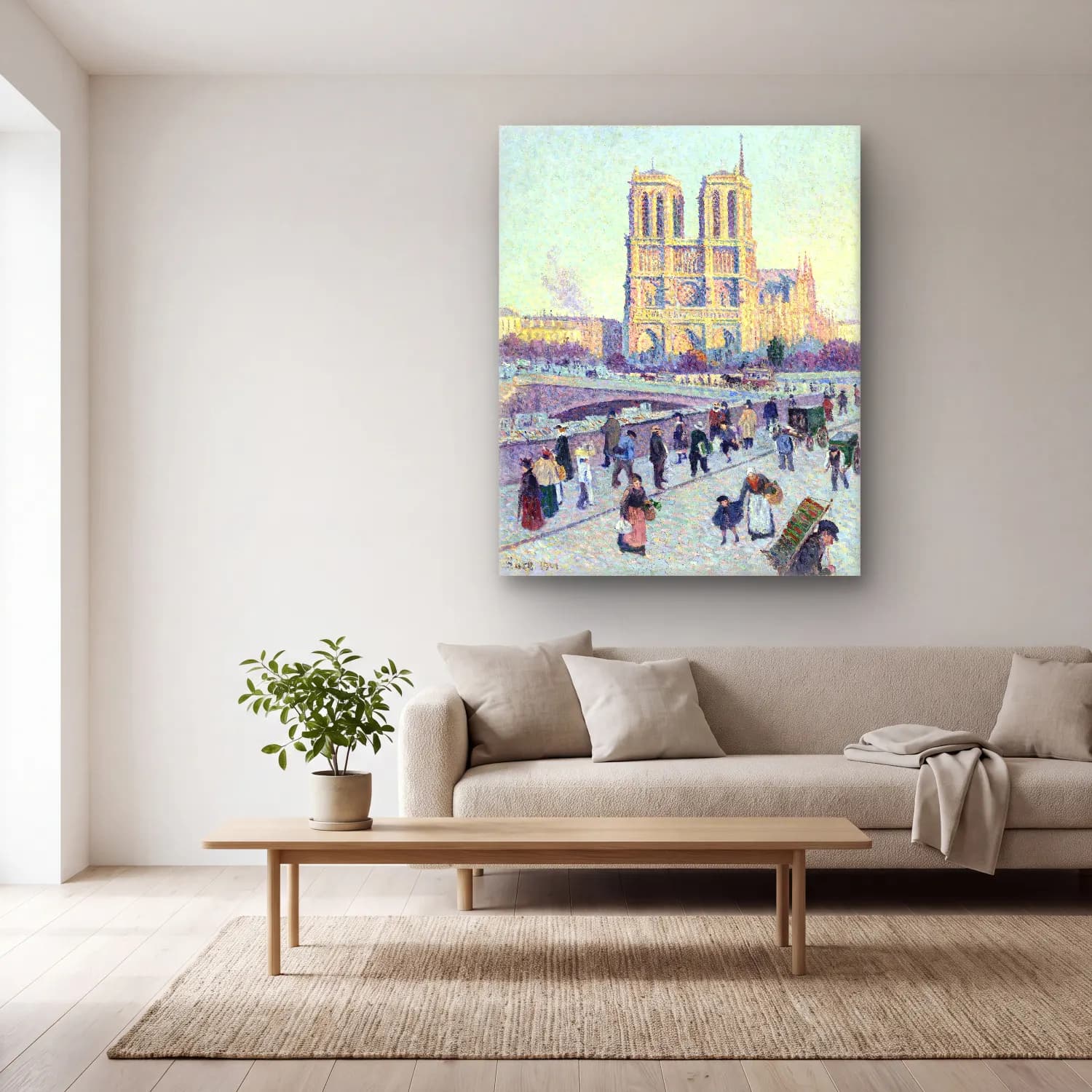 Maximilien Luce – The Quai Saint-Michel and Notre-Dame vintage cam tablo — açık renk salonda