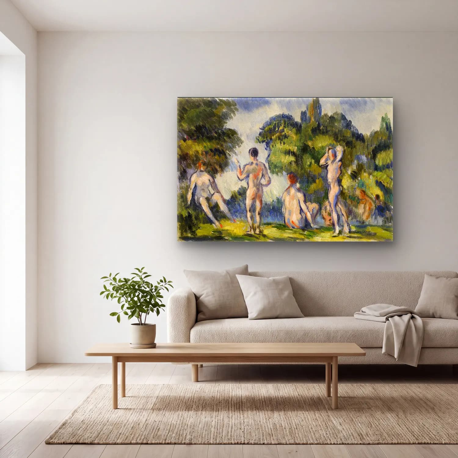 Paul Cézanne – Bathers (ca. 1890–1894) cam tablo — açık renk salonda