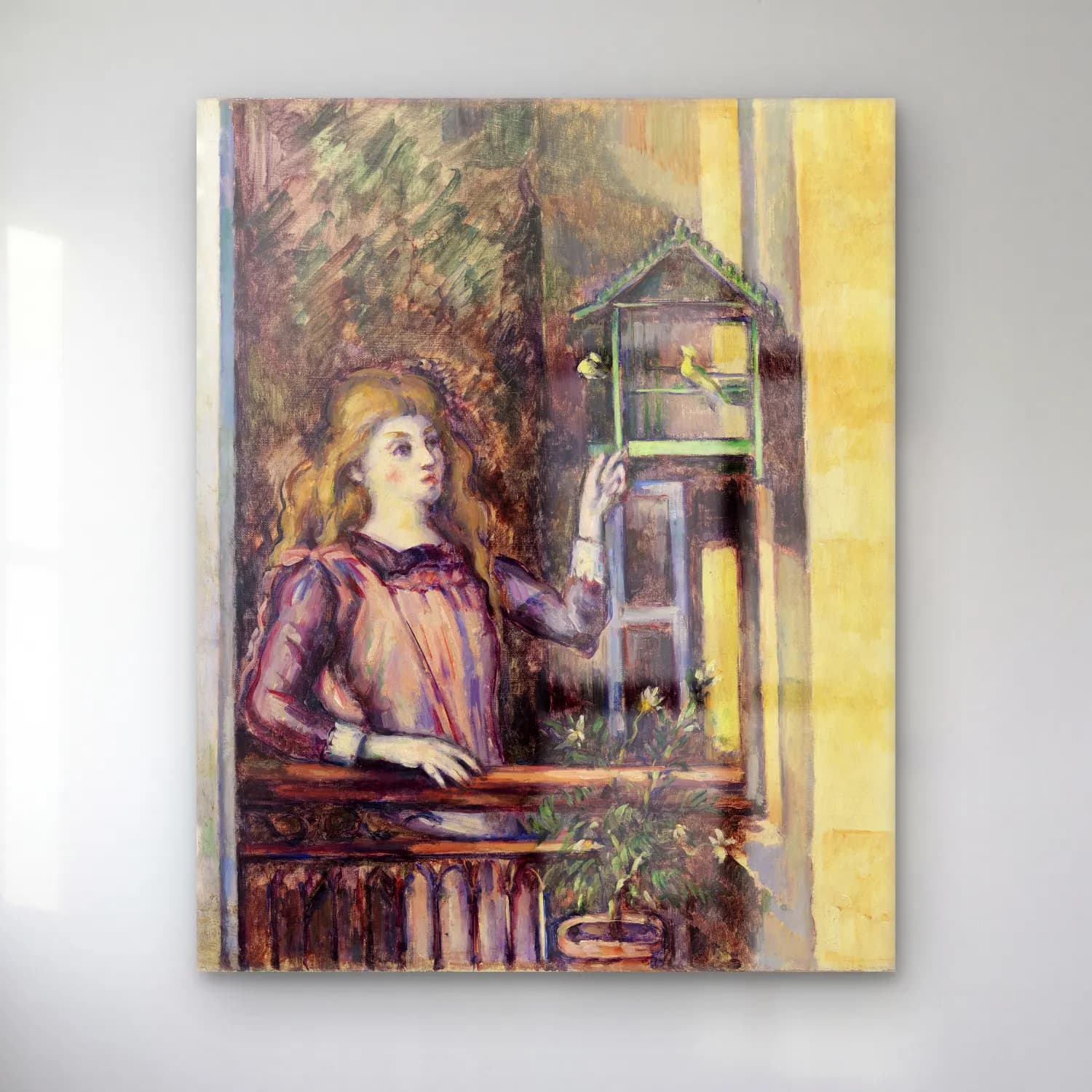 Paul Cézanne – Girl with Birdcage (Jeune fille à la volière) (ca. 1888) cam tablo — Paul Cézanne – Girl with Birdcage (Jeune fille à la volière) (ca. 1888) — empresyonist kız çocuğu portresi
