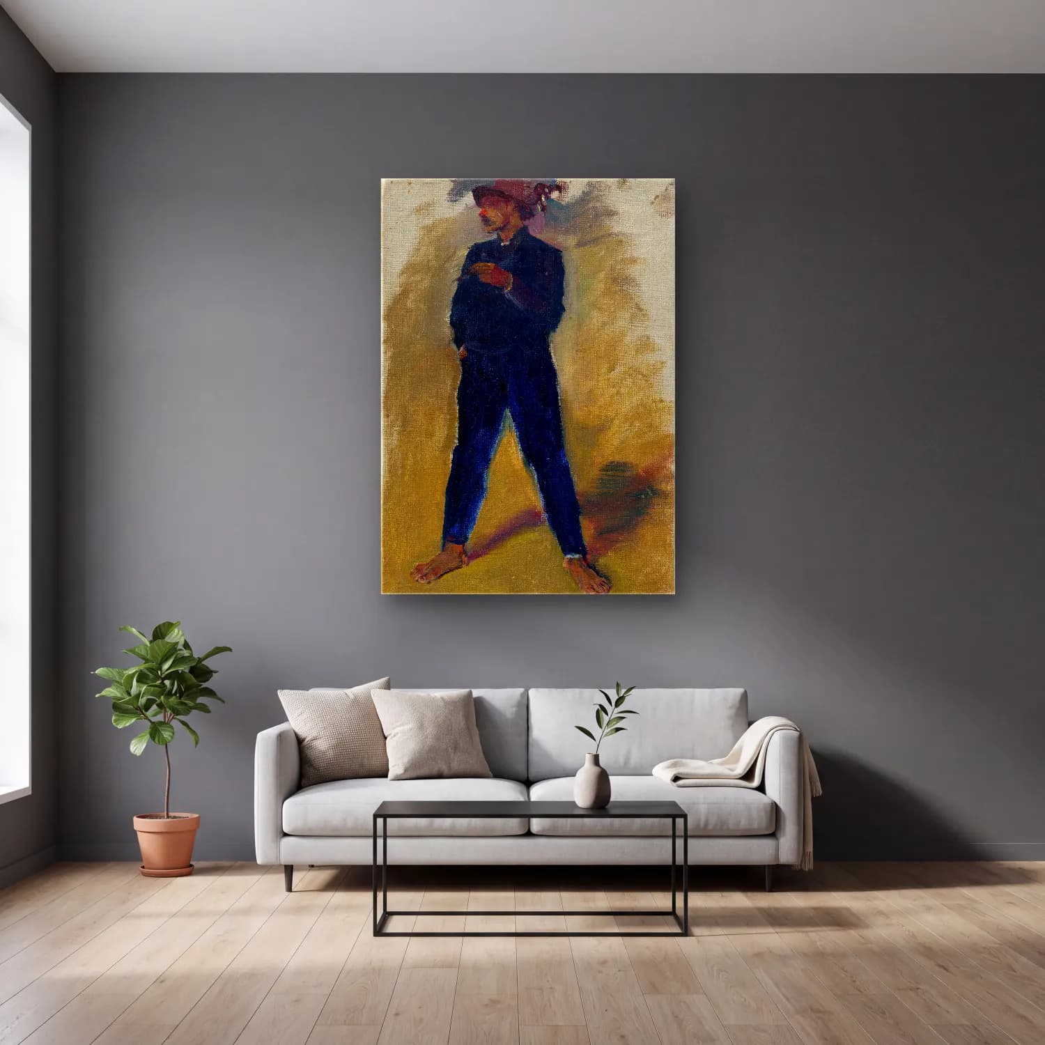 Ladislav Mednyánszky – Groom standing astride cam tablo — gri duvarlı salonda