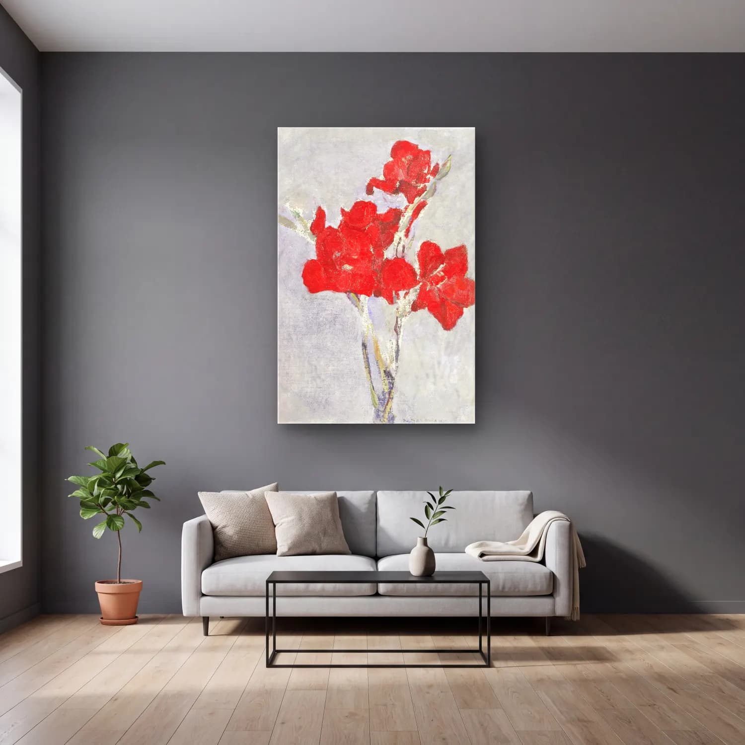 Piet Mondrian – Red Gladioli cam tablo — gri duvarlı salonda