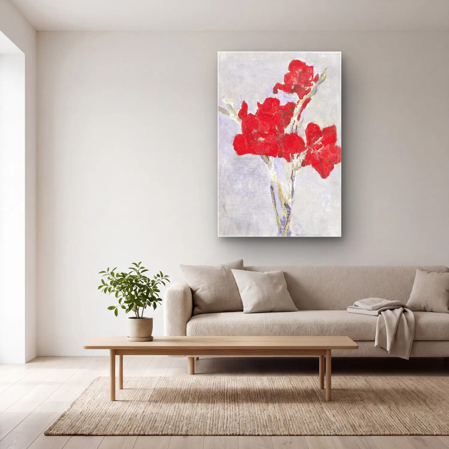 Piet Mondrian – Red Gladioli cam tablo — açık renk salonda