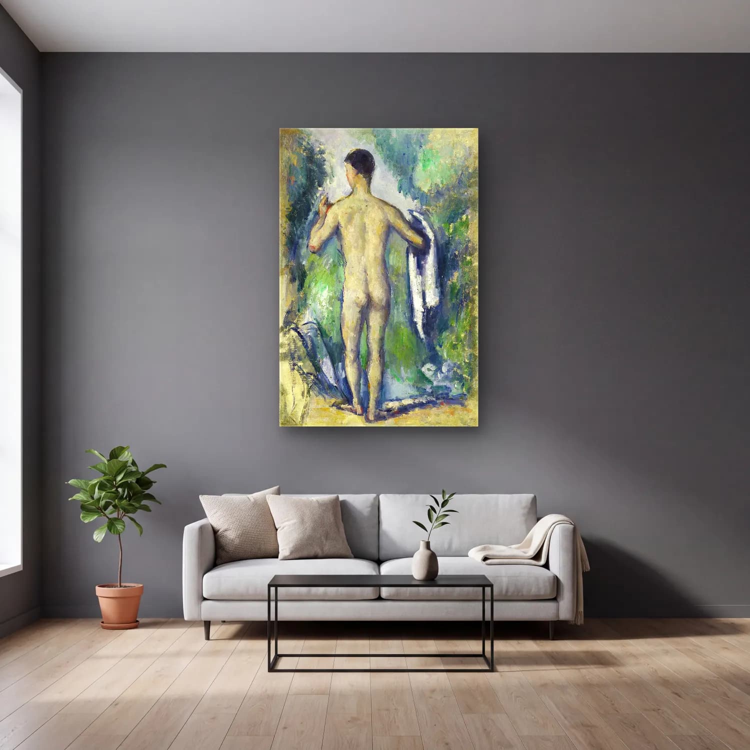 Paul Cézanne – Standing Bather, Seen from the Back (ca. 1879–1882) cam tablo — gri duvarlı salonda