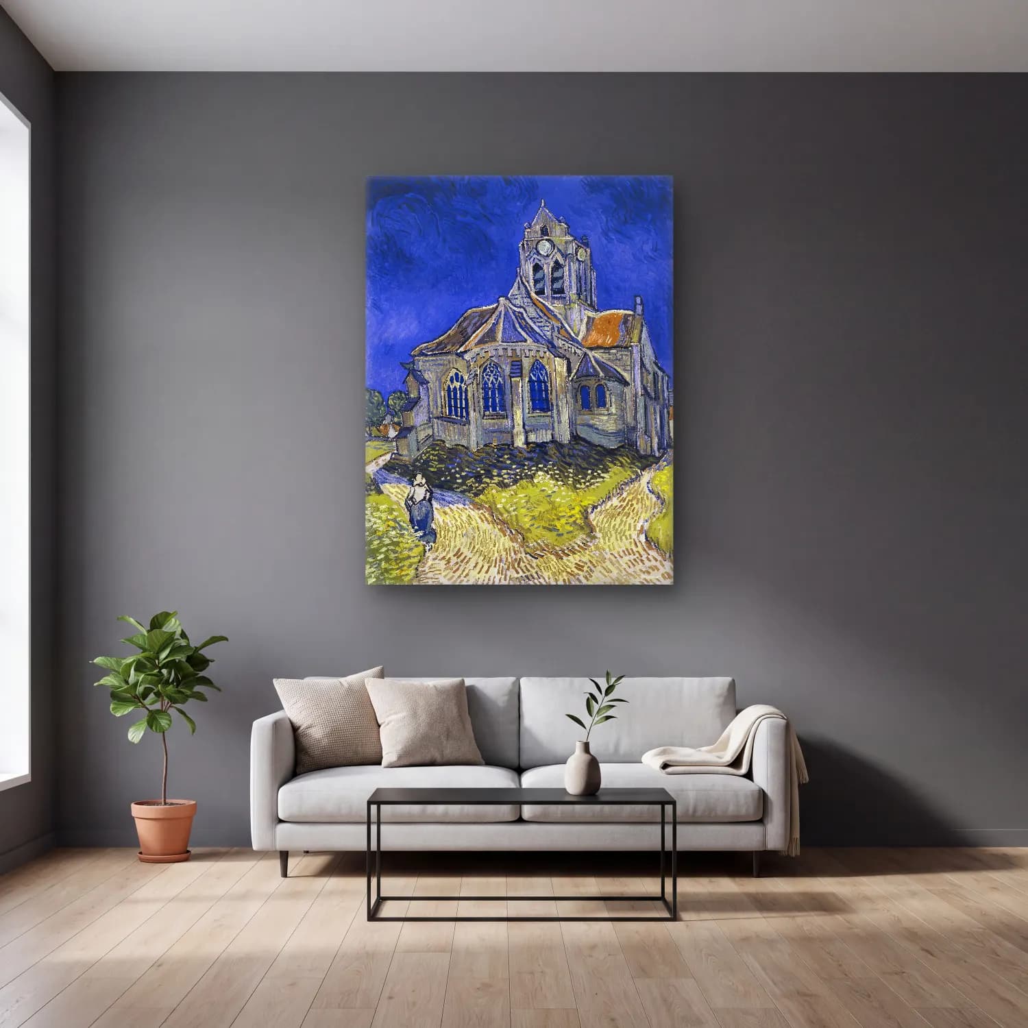 Empresyonist Katedral No. 9 cam tablo — gri duvarlı salonda
