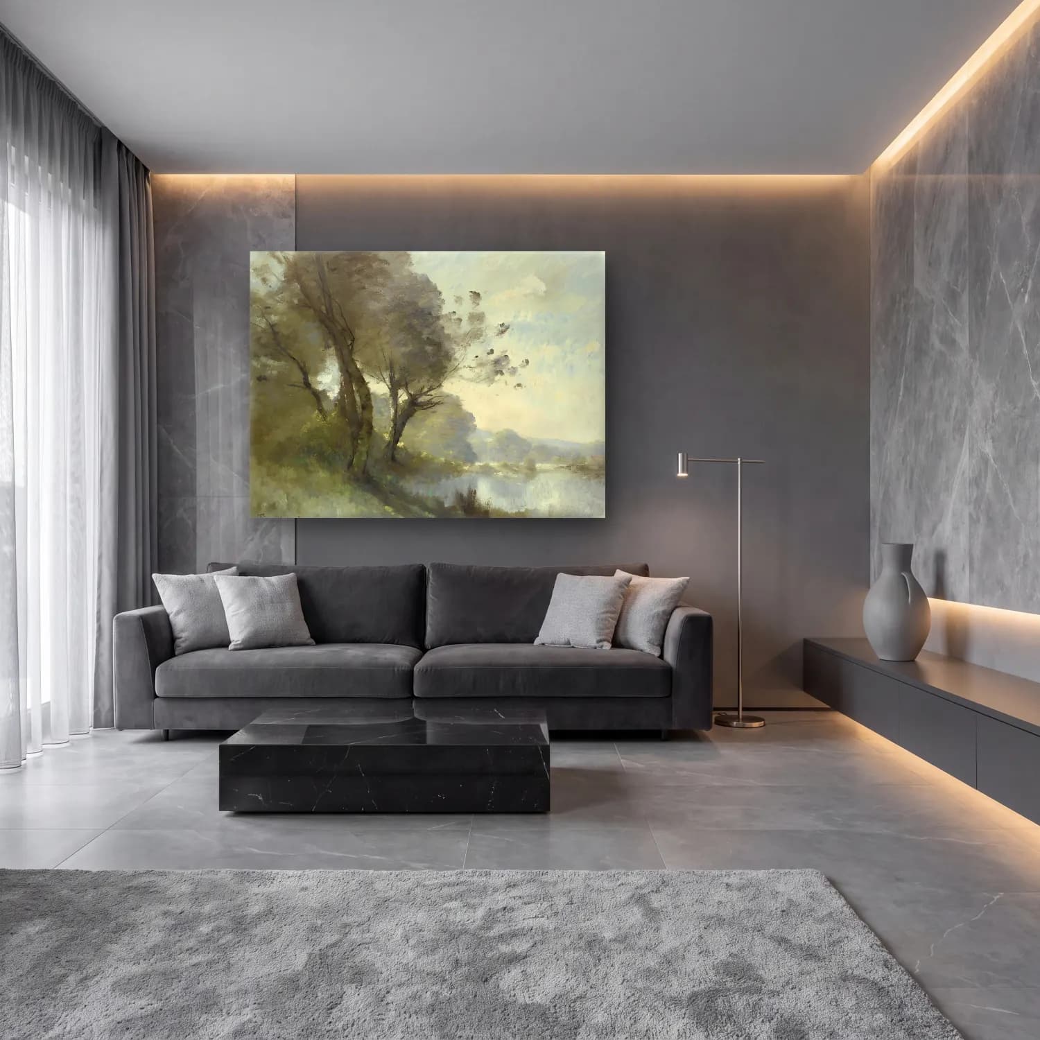 Yağlı Boya Kırda Nehir No. 118 cam tablo — lüks salon duvarında