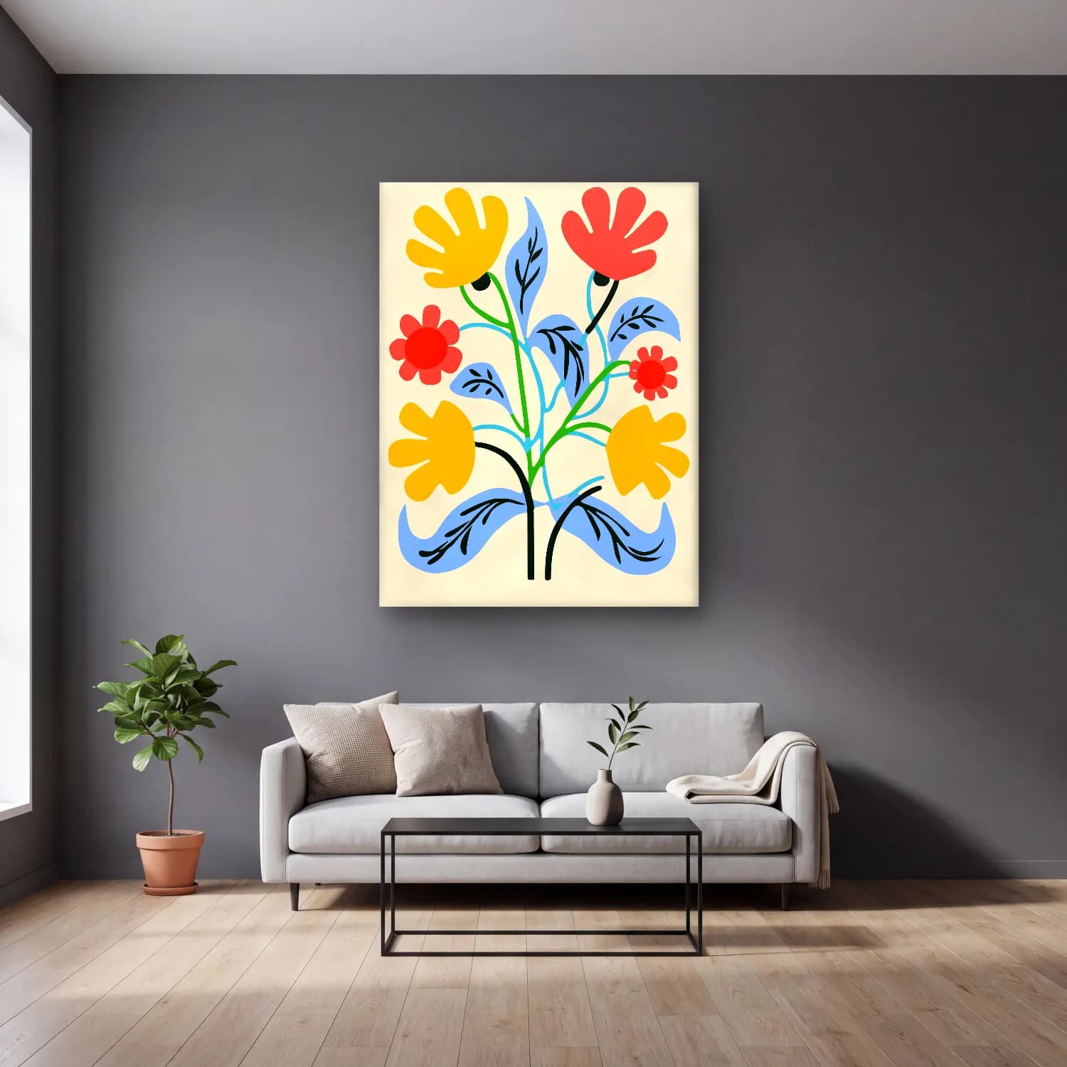Boho Çiçek Deseni No. 67 cam tablo — gri duvarlı salonda