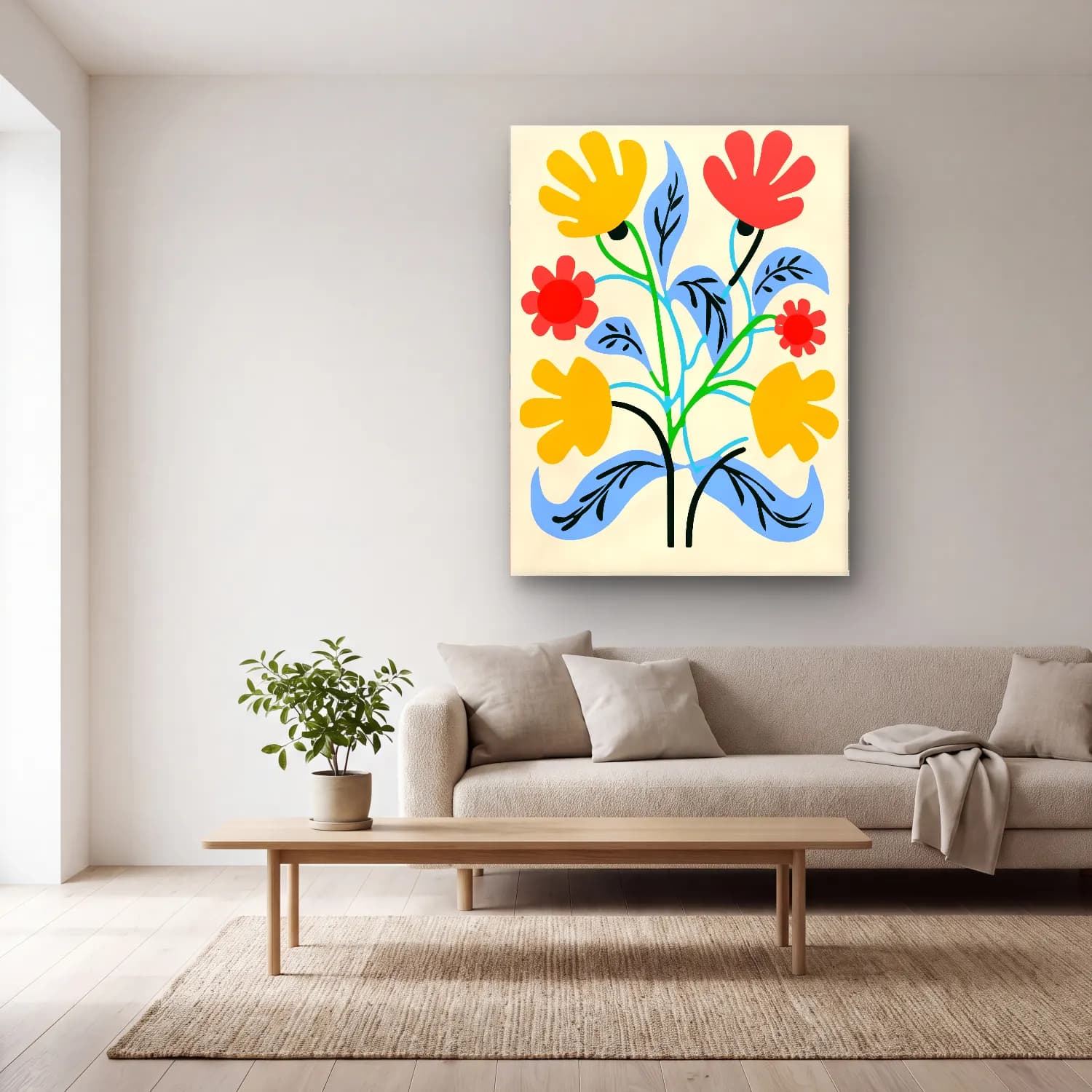 Boho Çiçek Deseni No. 67 cam tablo — açık renk salonda