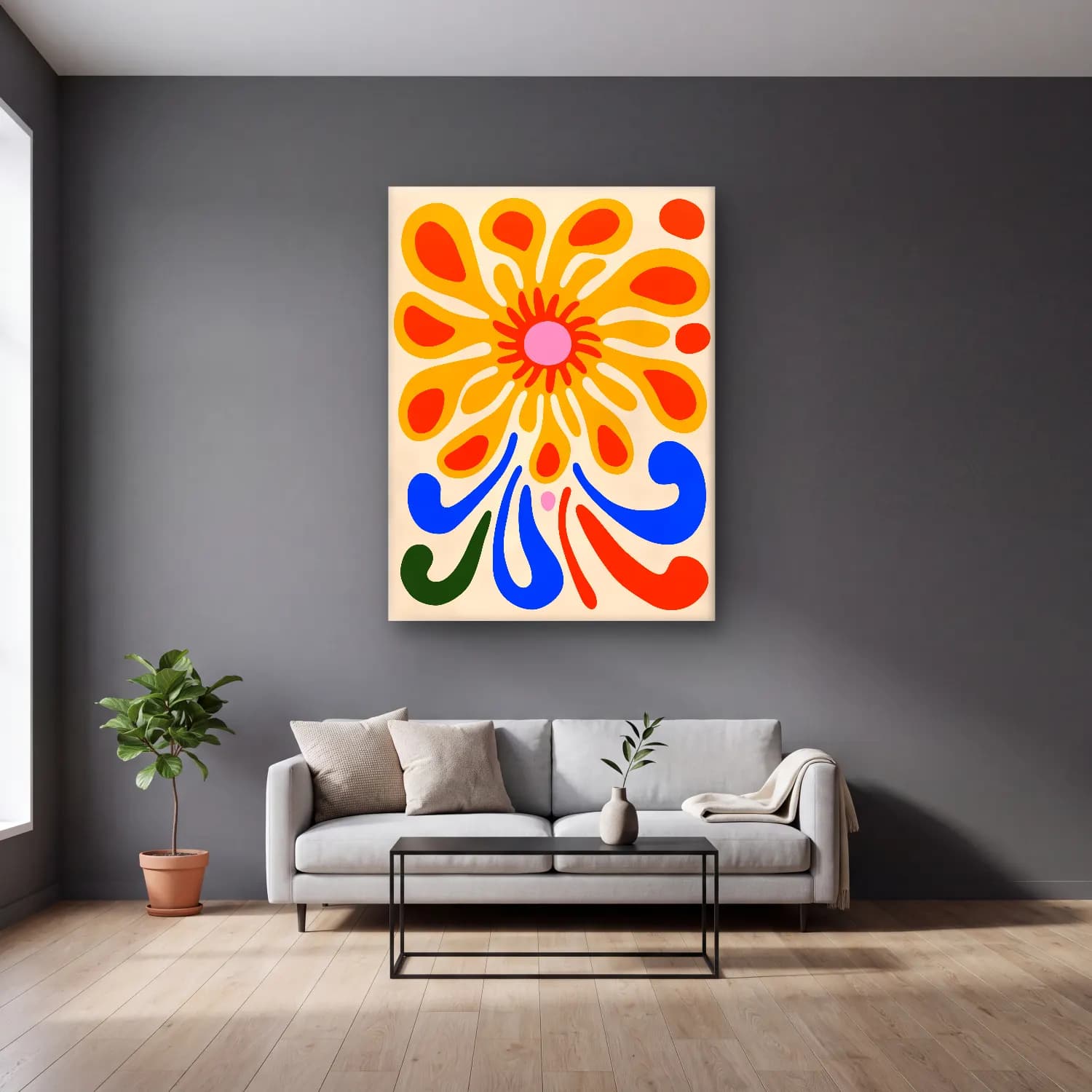 Boho Çiçek Deseni No. 68 cam tablo — gri duvarlı salonda