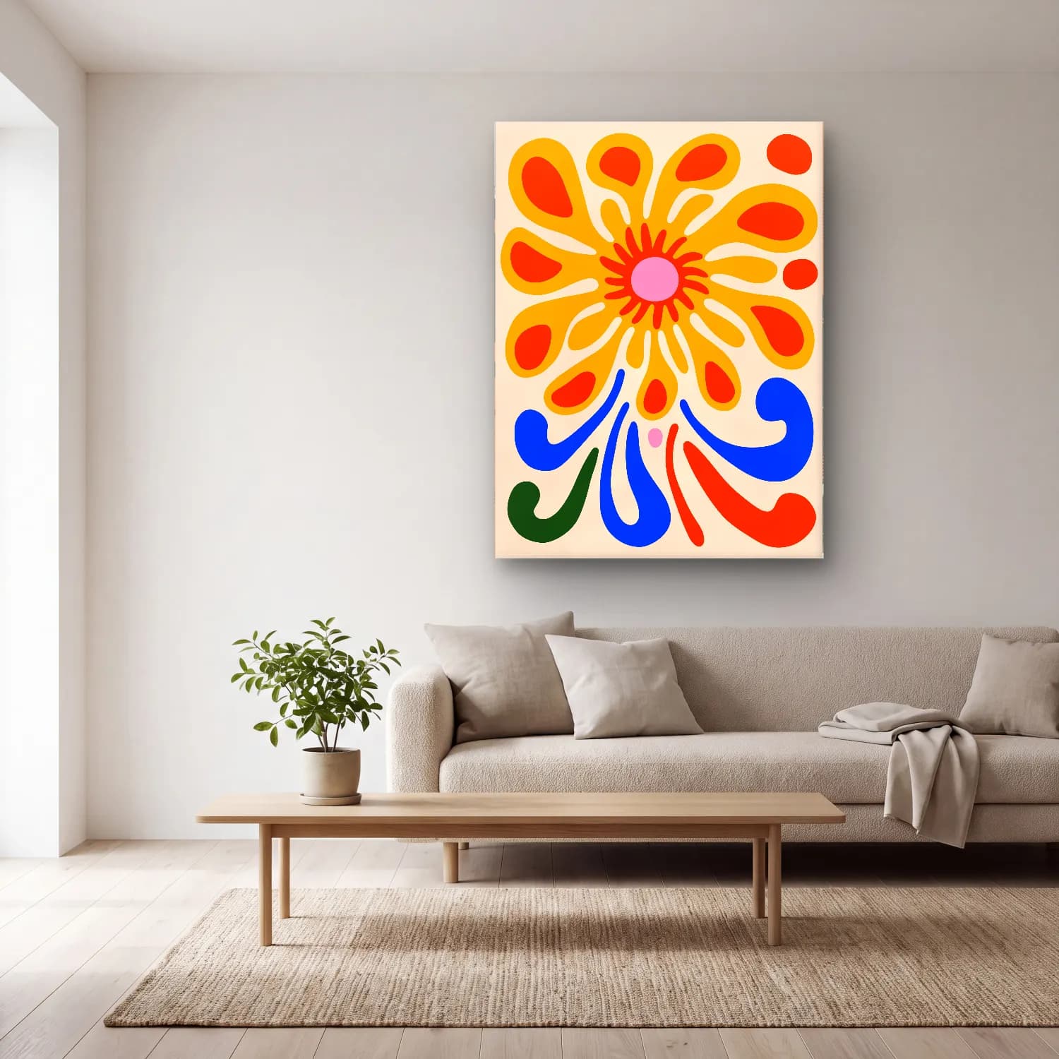 Boho Çiçek Deseni No. 68 cam tablo — açık renk salonda