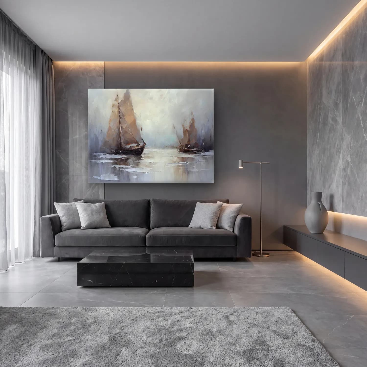 Yağlı Boya Yelkenliler No. 45 cam tablo — lüks salon duvarında