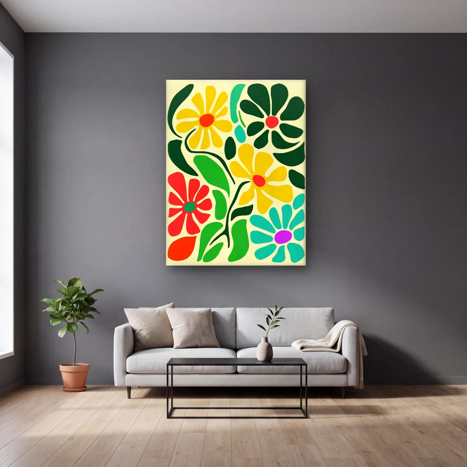 Retro Çiçek Deseni No. 64 cam tablo — gri duvarlı salonda