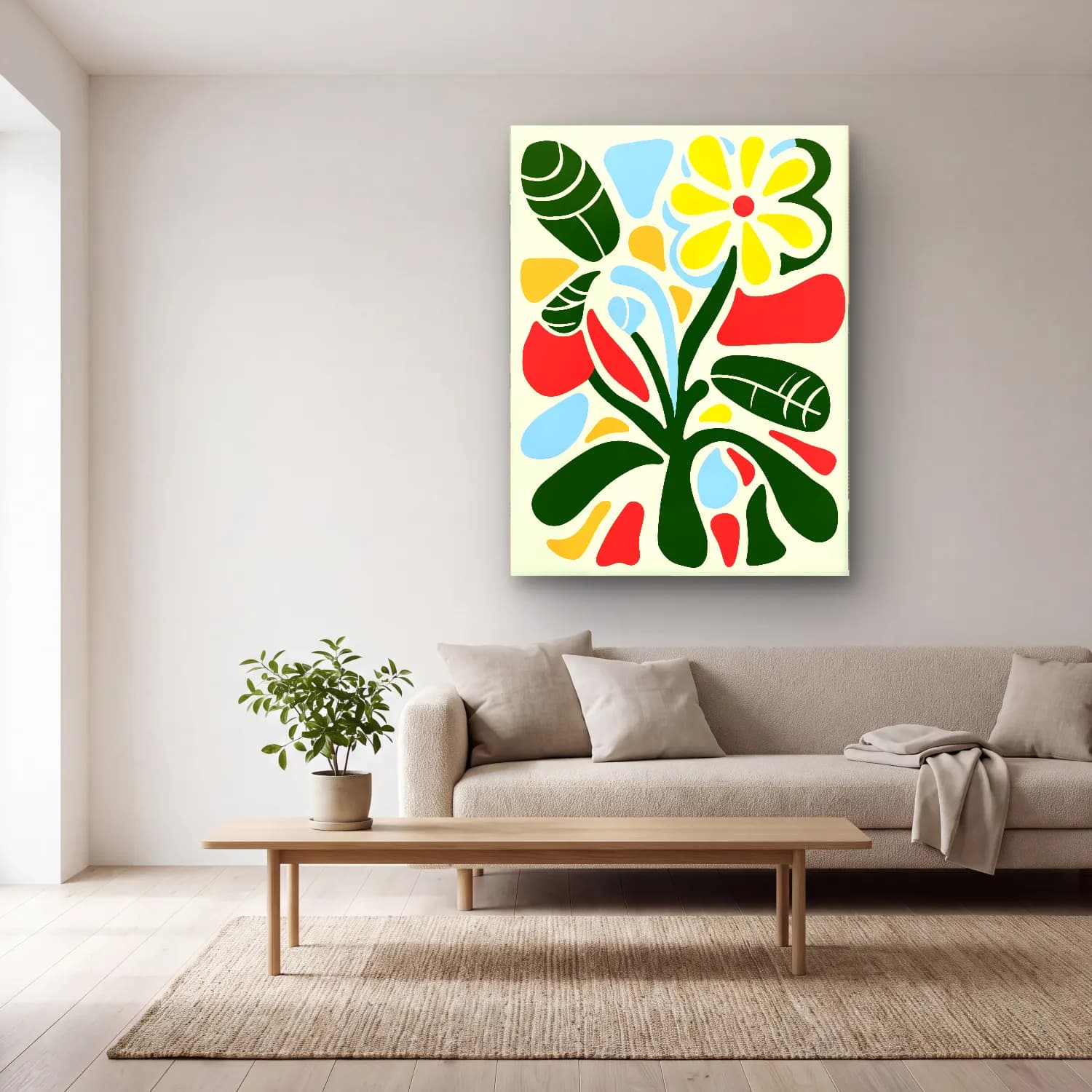 Boho Çiçek Deseni No. 69 cam tablo — açık renk salonda