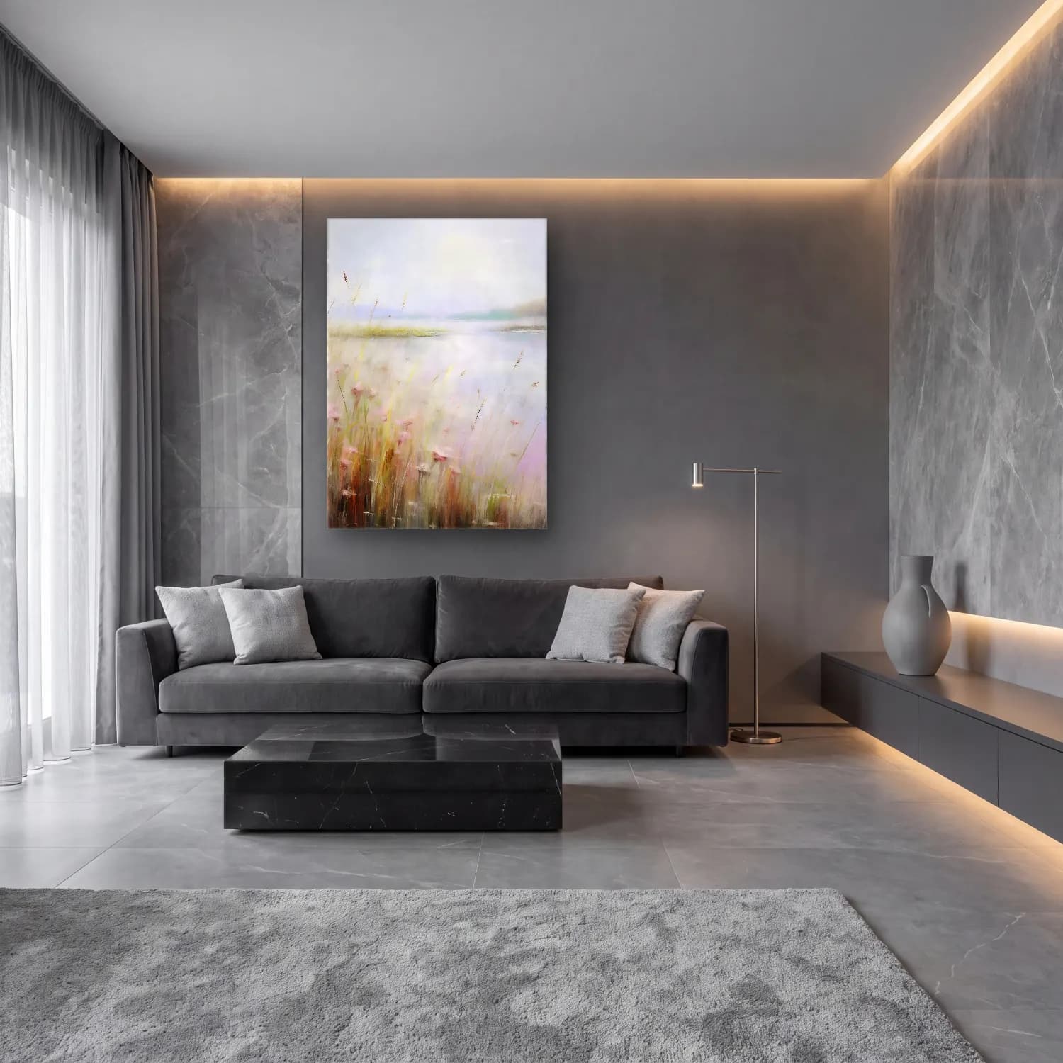 Pastel Kırda Nehir No. 4 cam tablo — lüks salon duvarında