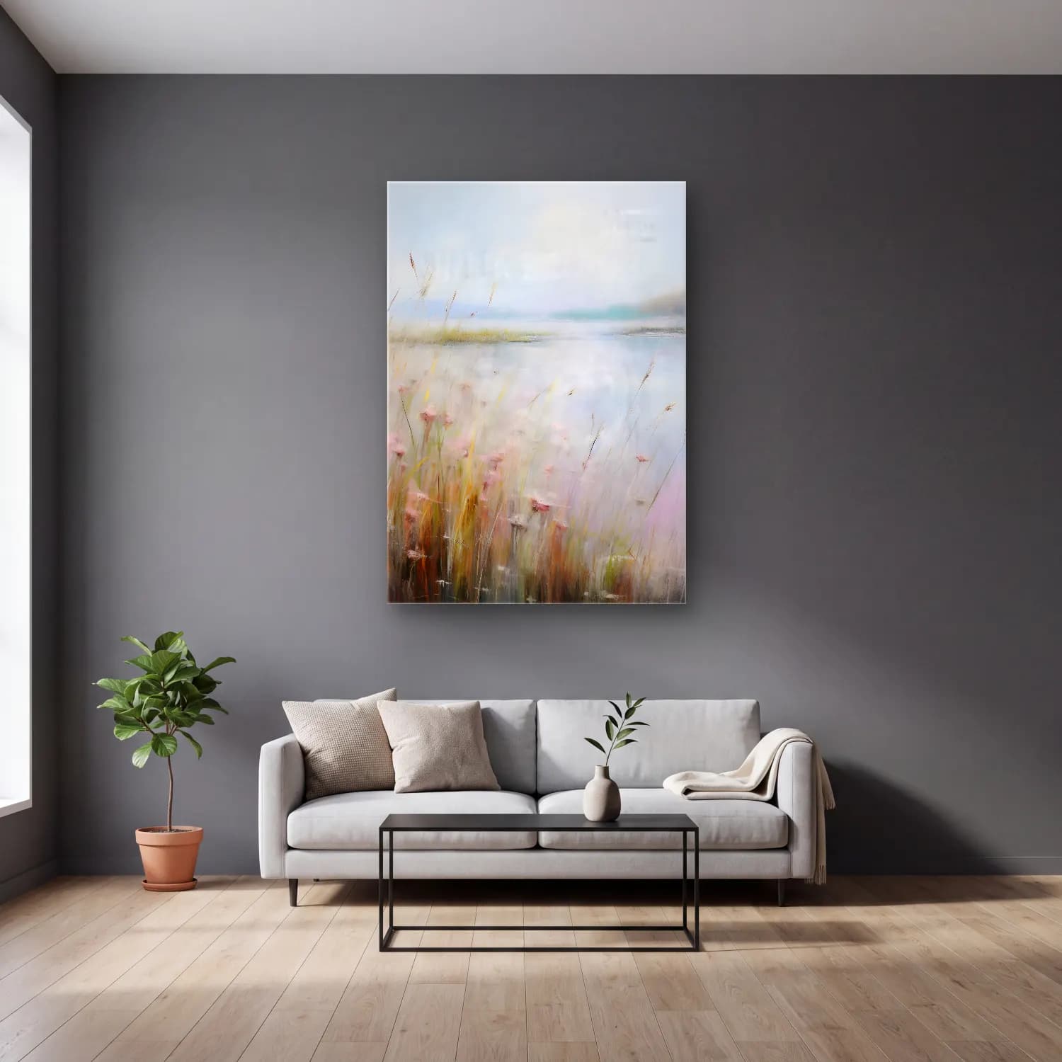 Pastel Kırda Nehir No. 4 cam tablo — gri duvarlı salonda