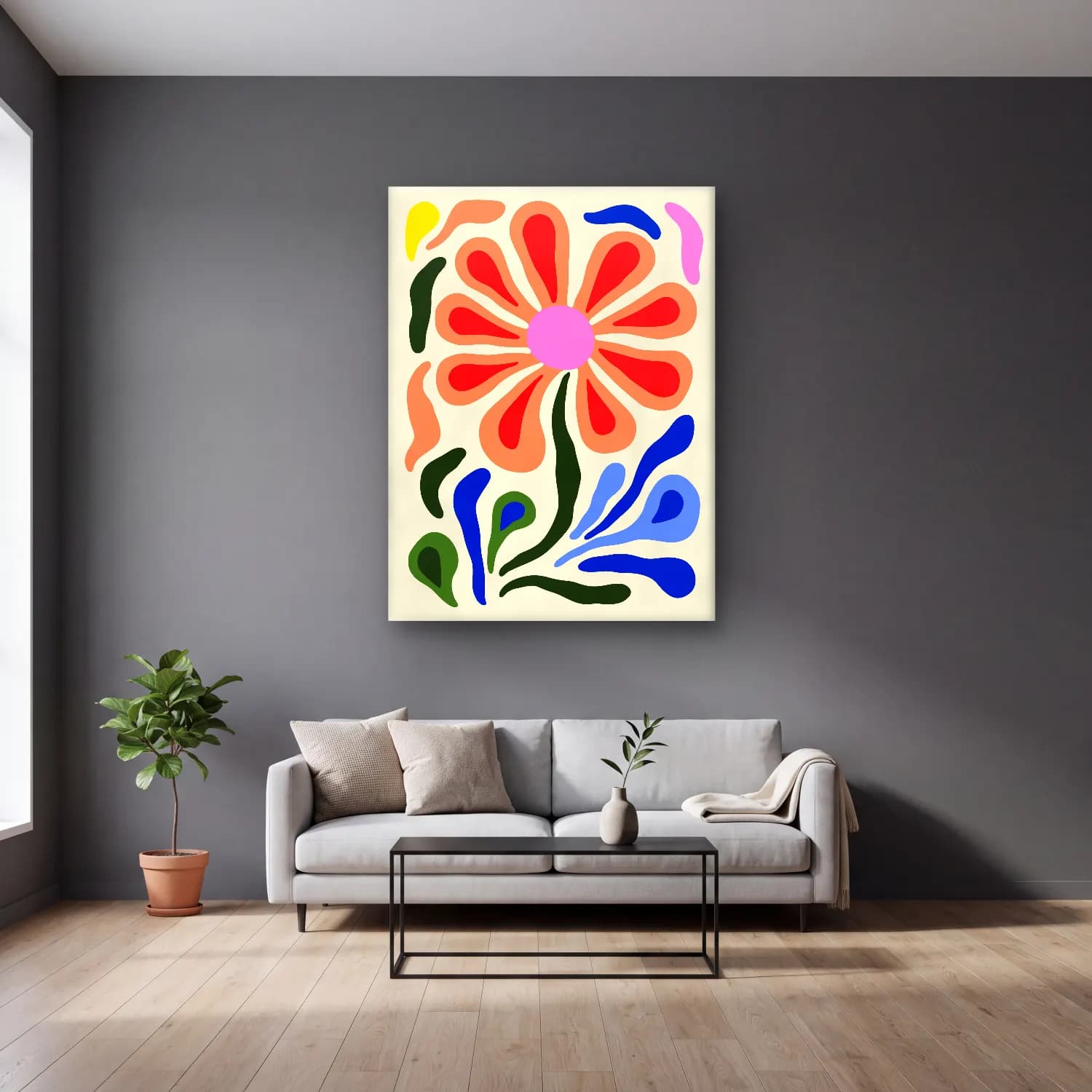 Boho Çiçek Deseni No. 70 cam tablo — gri duvarlı salonda