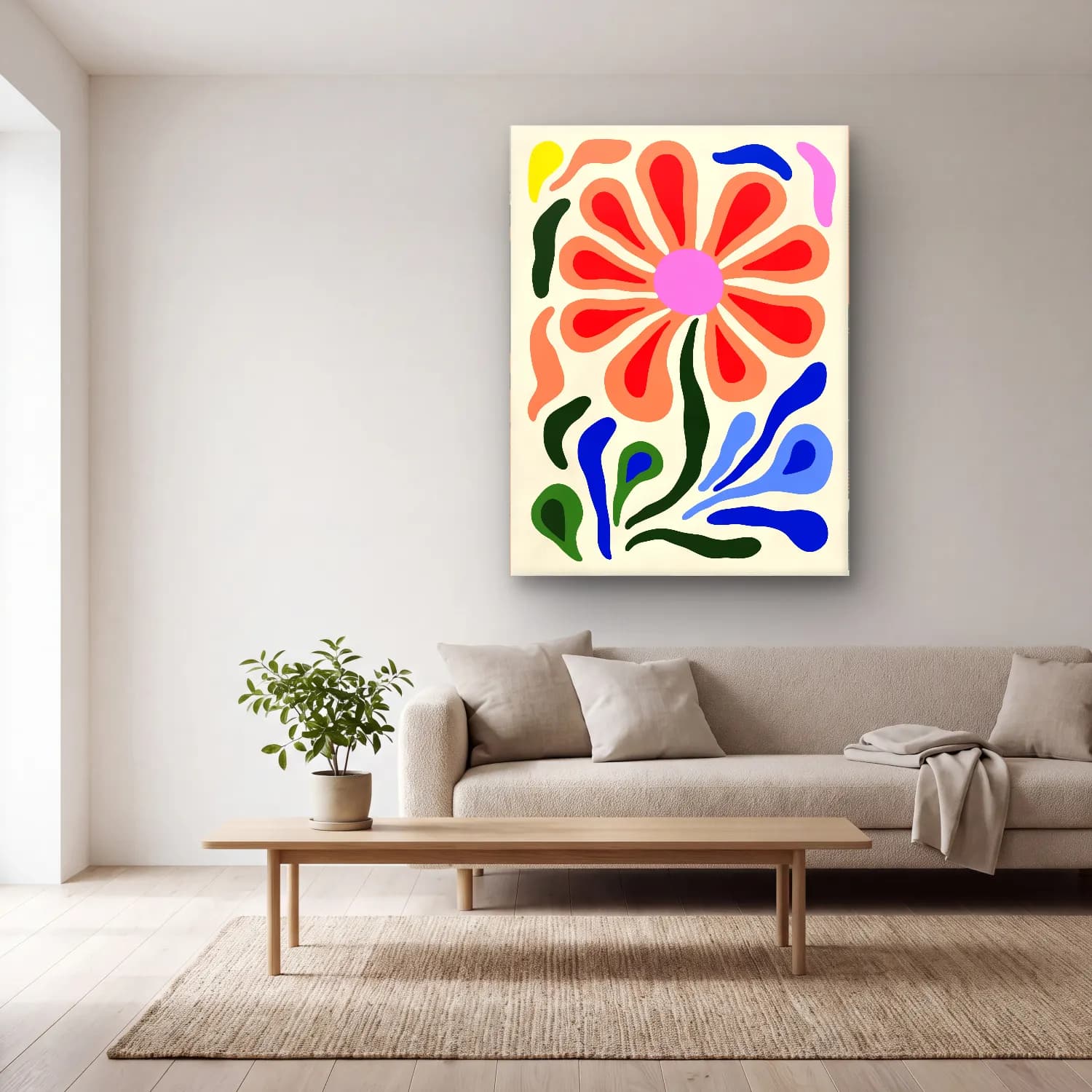 Boho Çiçek Deseni No. 70 cam tablo — açık renk salonda