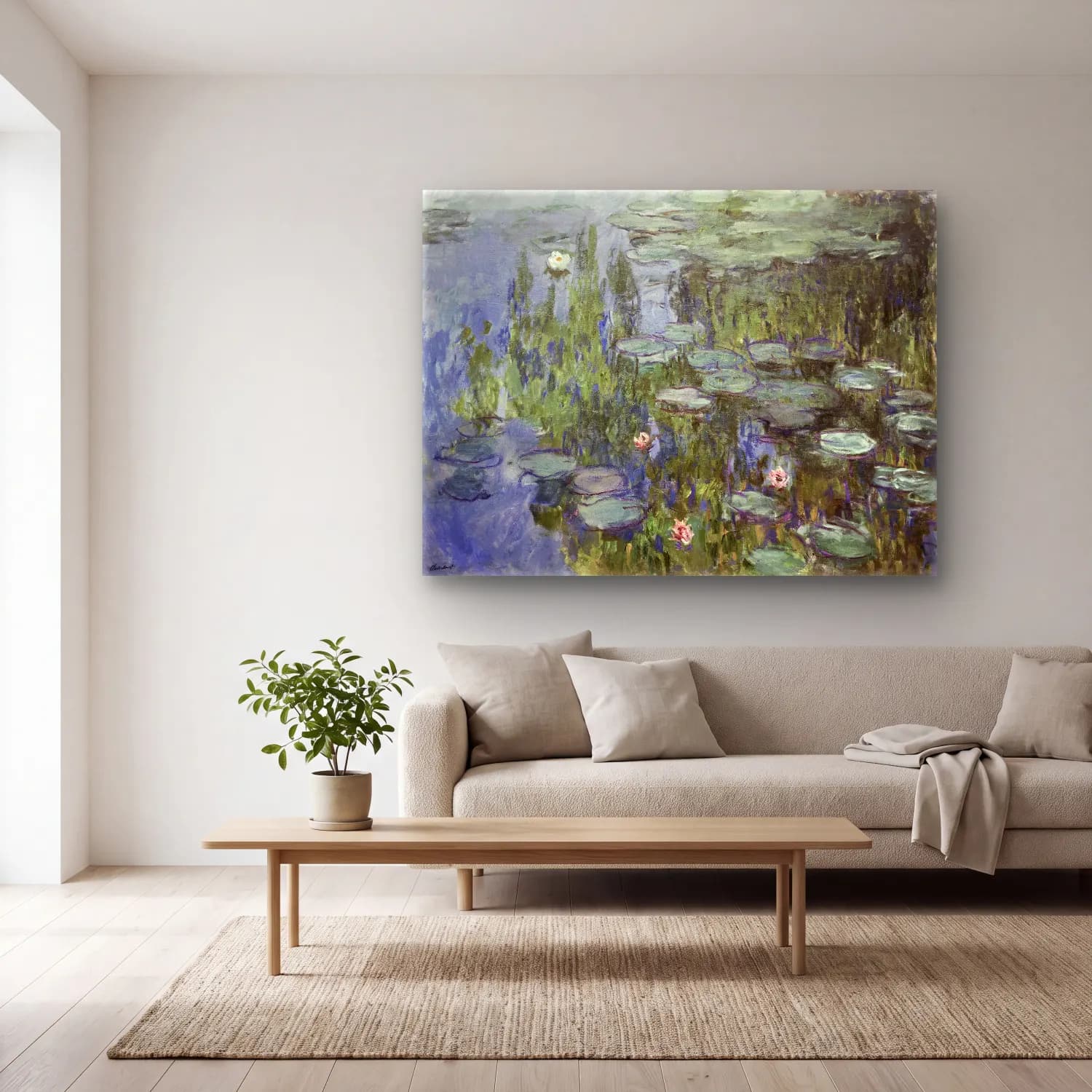 Empresyonist Nilüfer Göleti No. 15 cam tablo — açık renk salonda