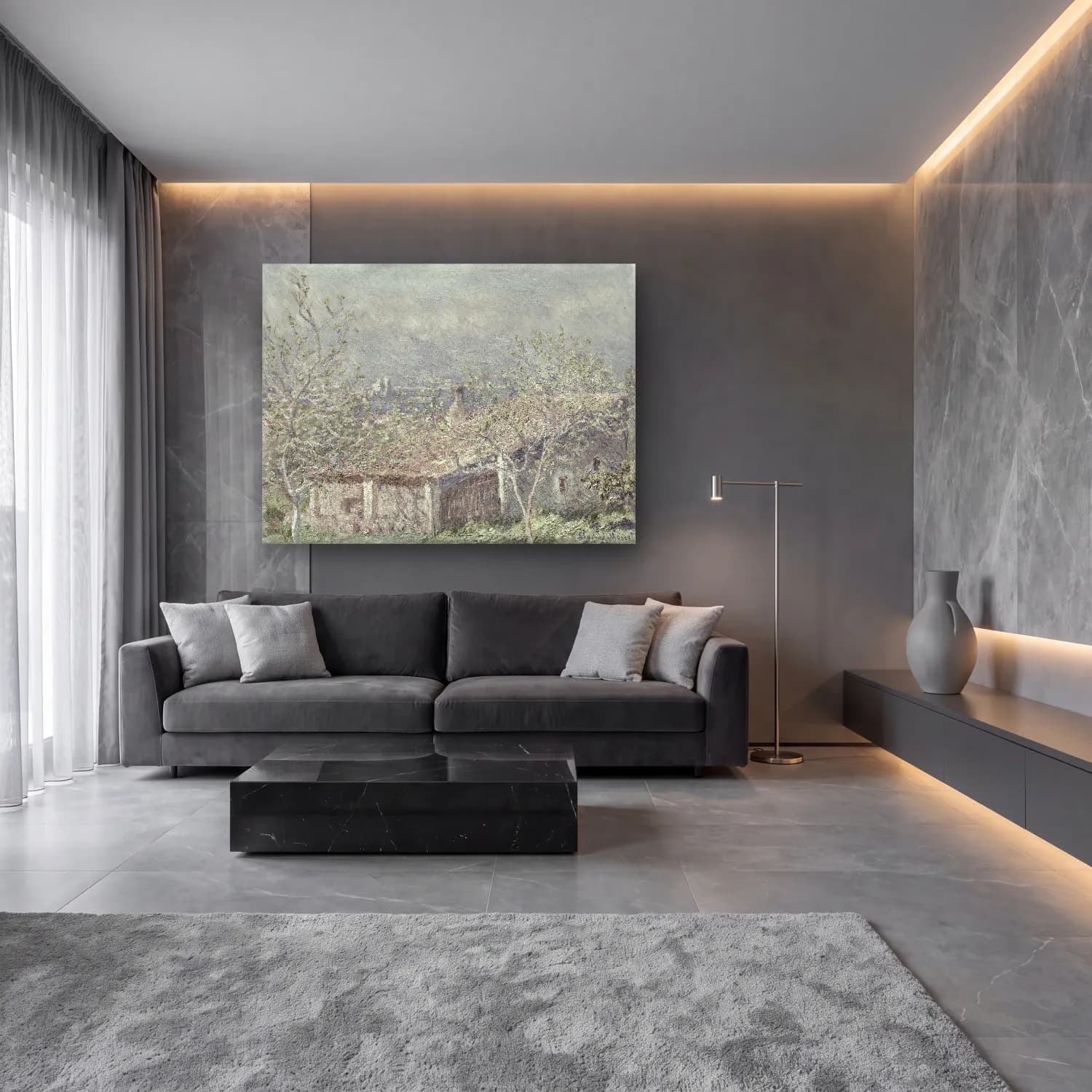 Empresyonist Kır Evi No. 51 cam tablo — lüks salon duvarında