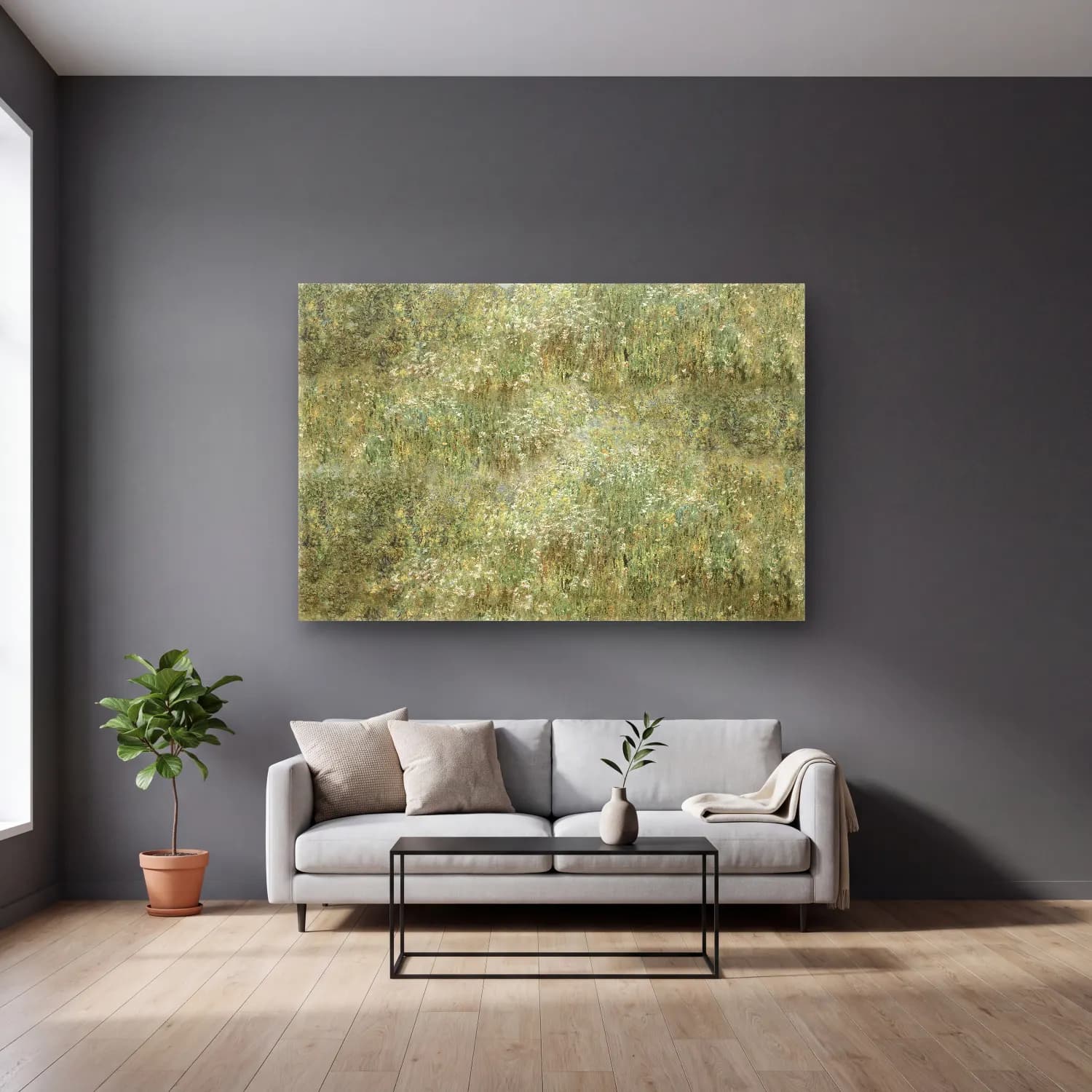 Boho Çiçek Deseni No. 119 cam tablo — gri duvarlı salonda