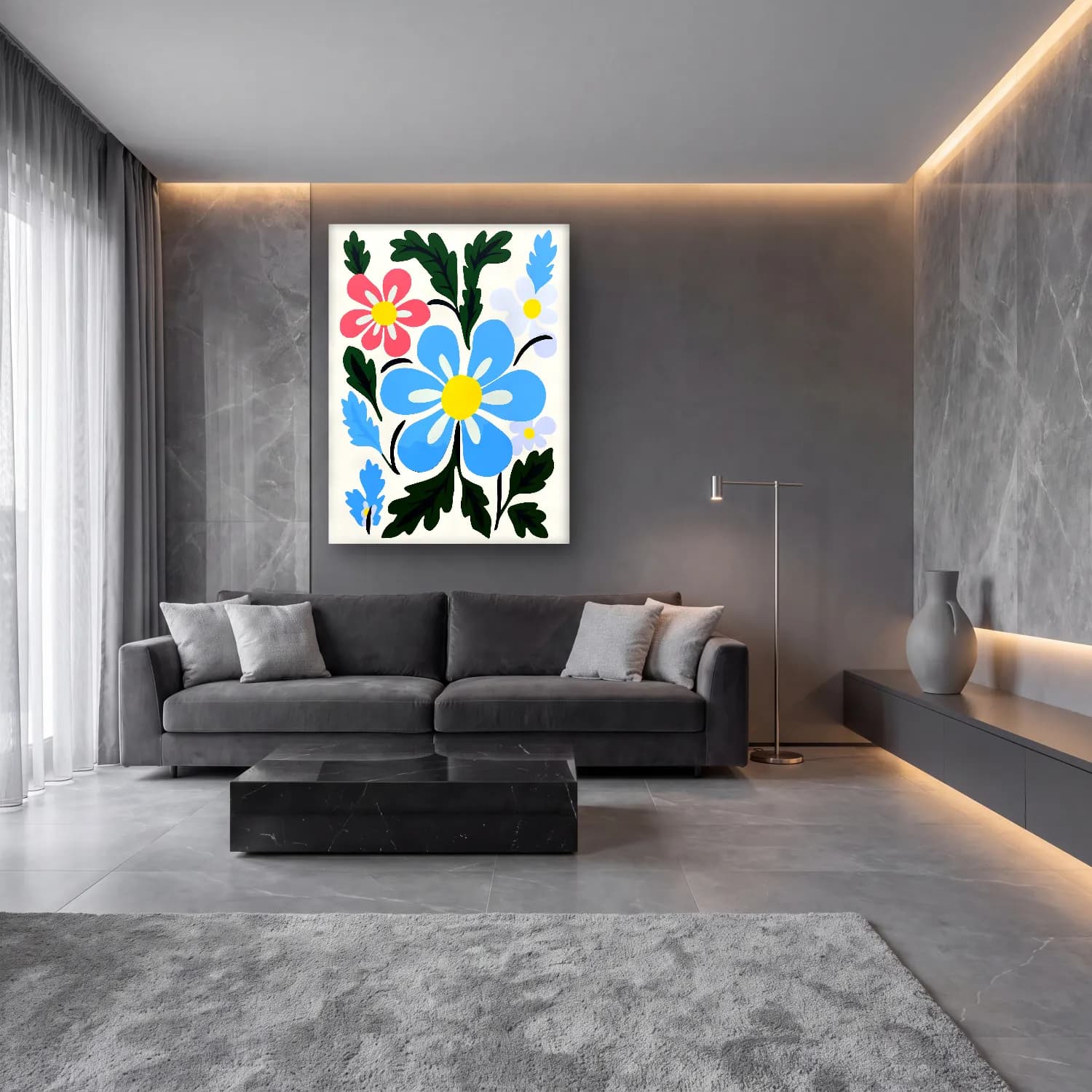 Pastel Çiçek Deseni No. 34 cam tablo — lüks salon duvarında