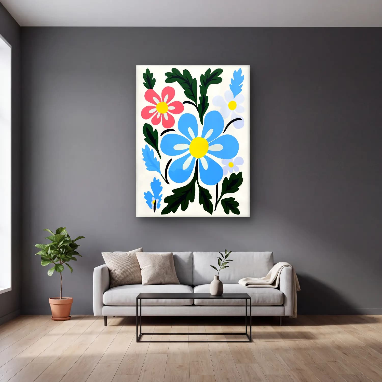 Pastel Çiçek Deseni No. 34 cam tablo — gri duvarlı salonda