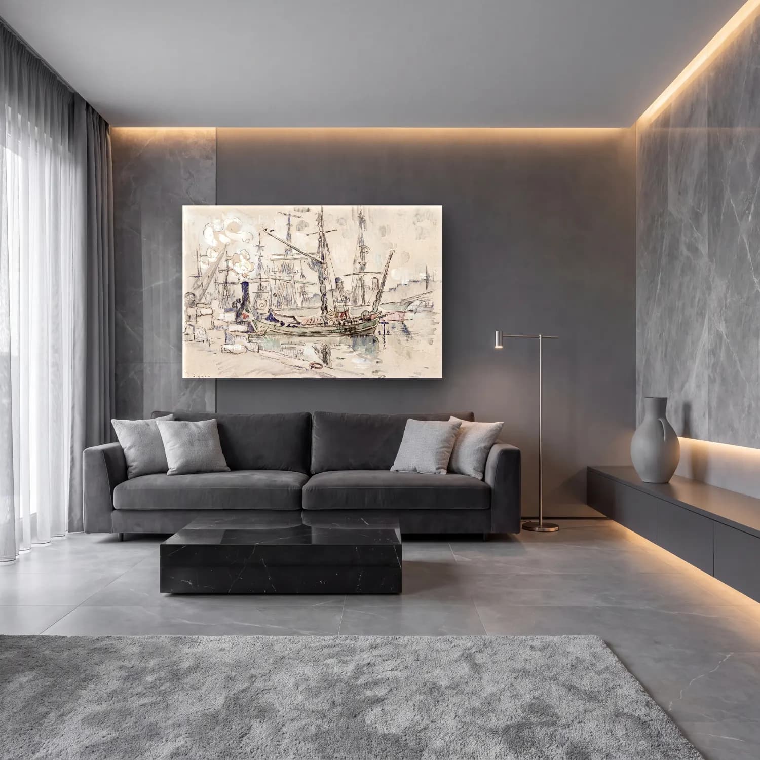 Suluboya Liman ve Tekneler No. 40 cam tablo — lüks salon duvarında