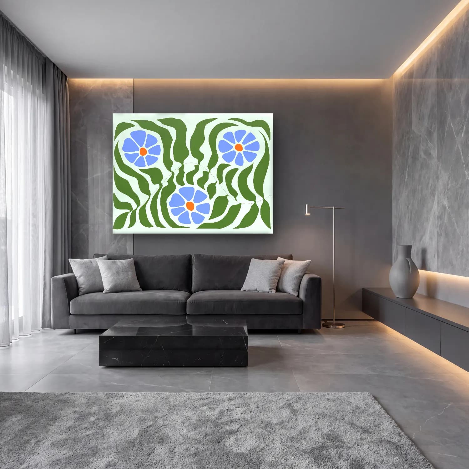 Boho Çiçek Deseni No. 71 cam tablo — lüks salon duvarında