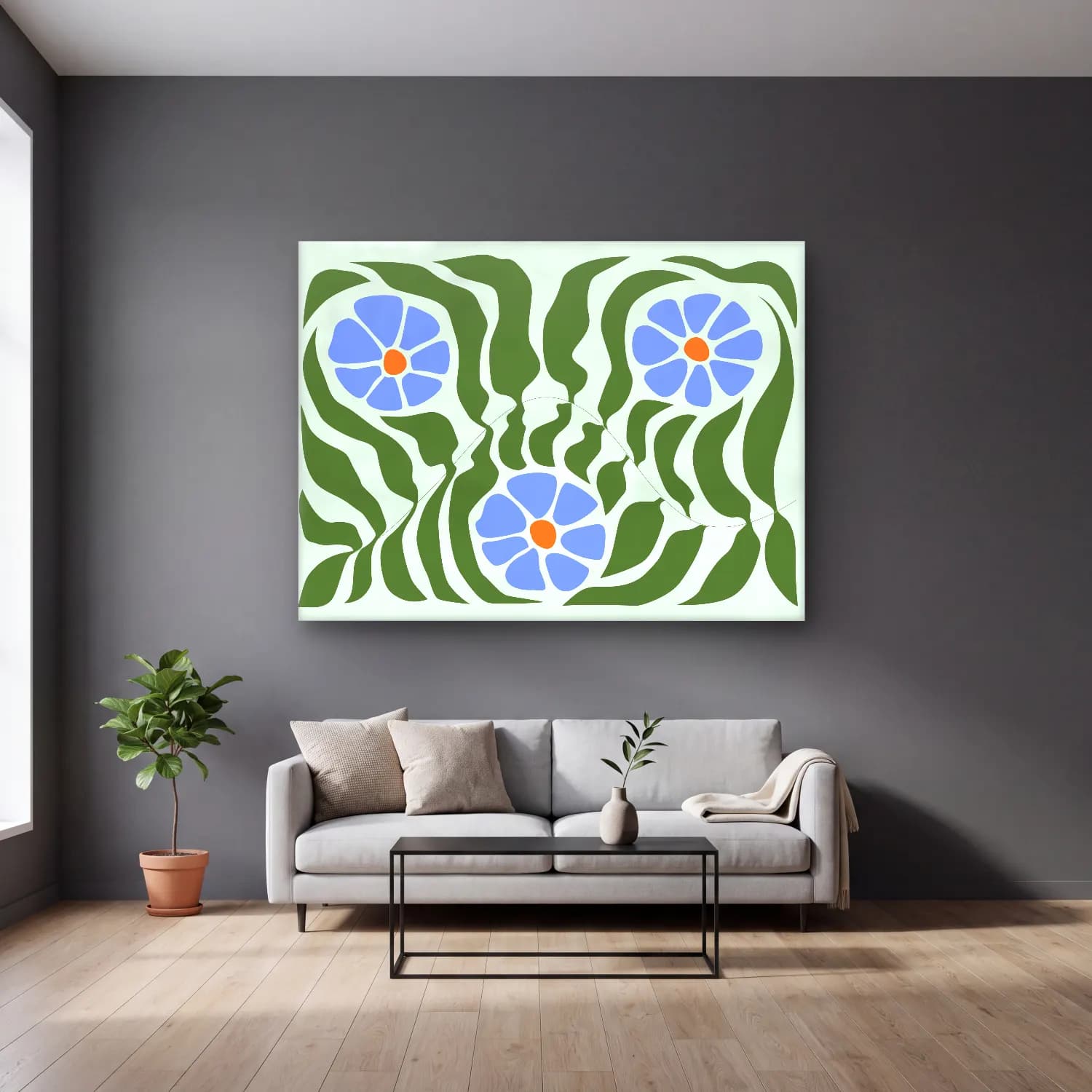 Boho Çiçek Deseni No. 71 cam tablo — gri duvarlı salonda