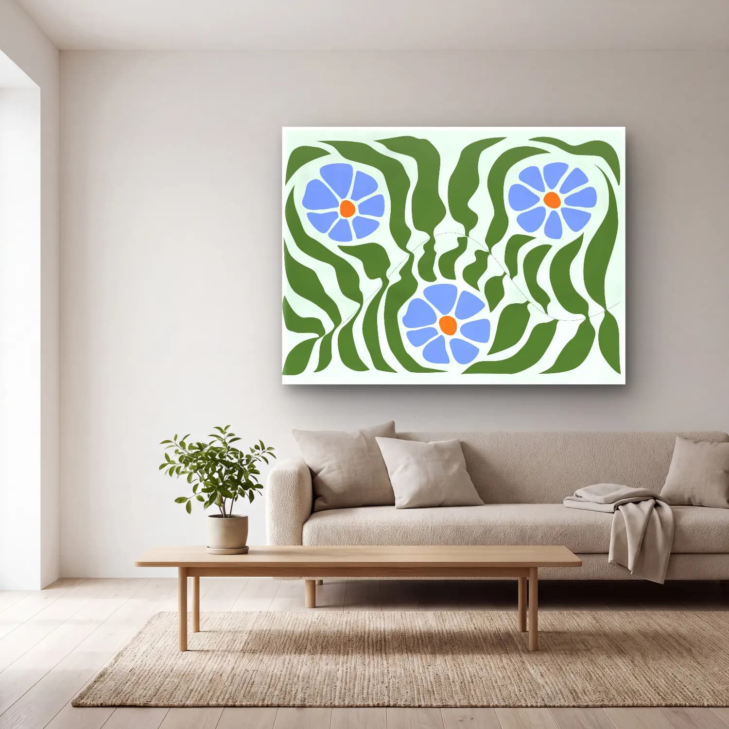 Boho Çiçek Deseni No. 71 cam tablo — açık renk salonda
