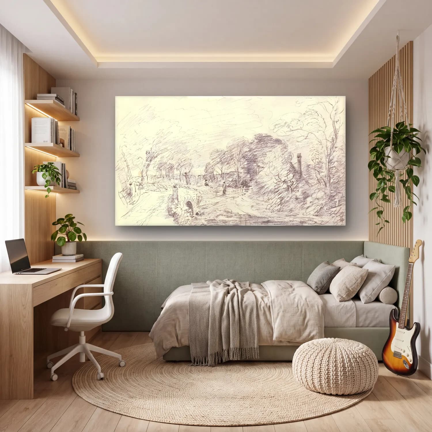 Karakalem Kırda Nehir – Siyah Beyaz Tonlar cam tablo — genç odasında