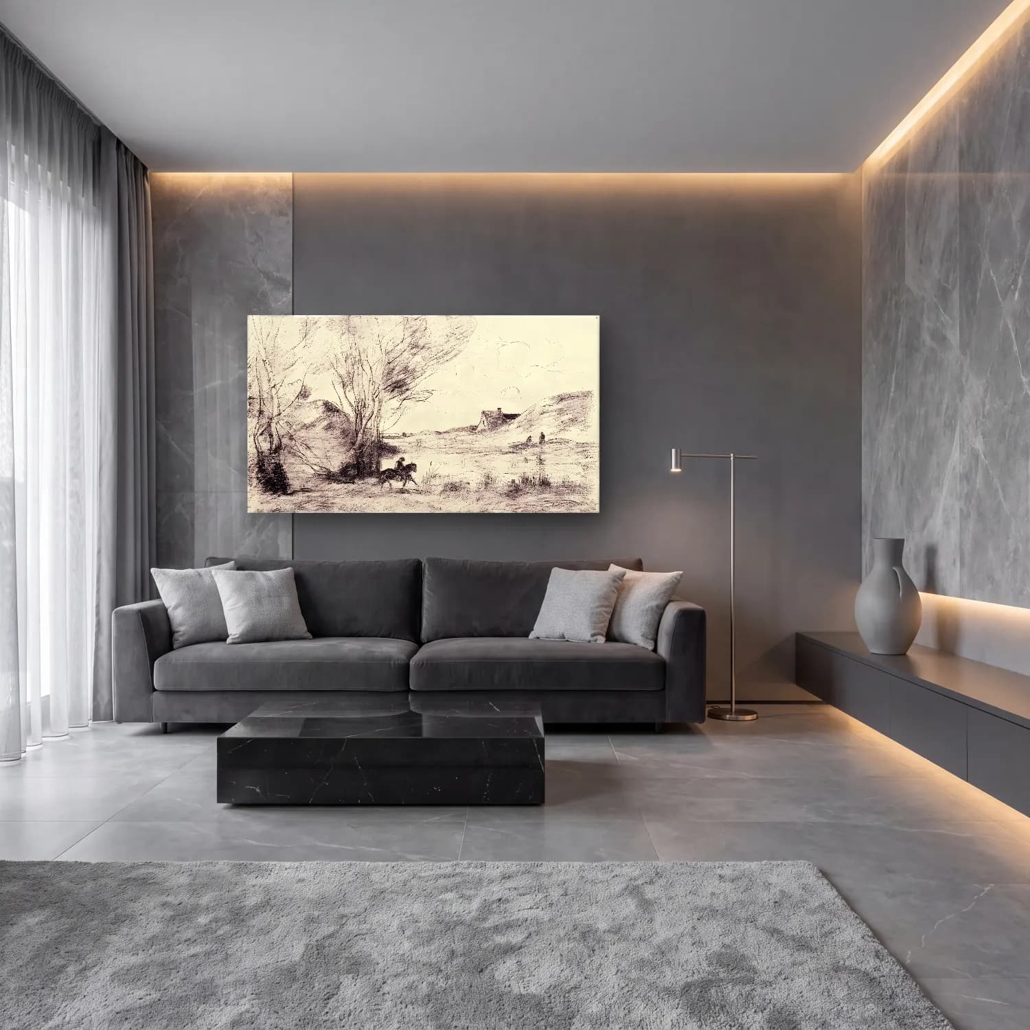 Siyah Beyaz Atlı No. 4 cam tablo — lüks salon duvarında